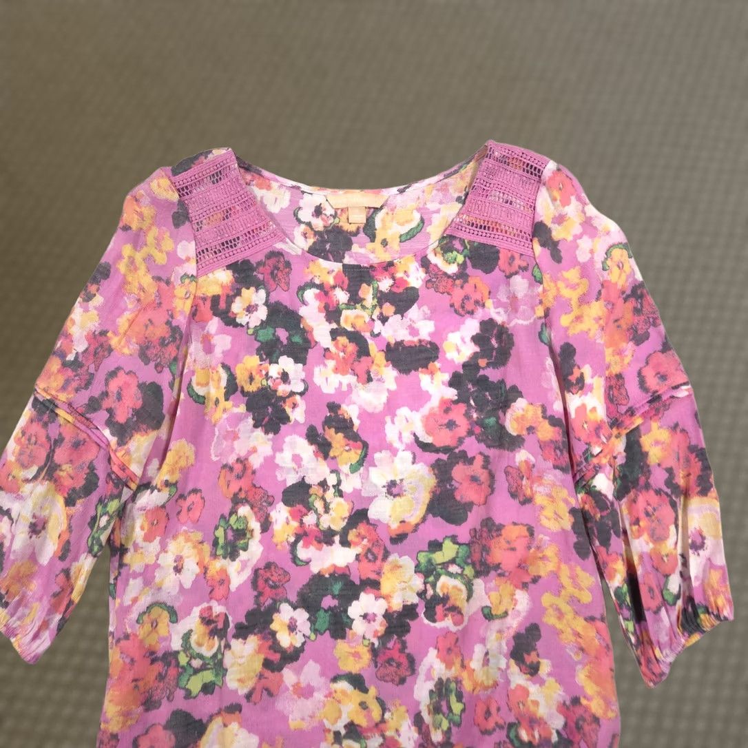 Hope Hope & Harlow Blouse Womens S Floral Crochet 3/4 Sleeve Tunic Top Sheer Pink Multicolor Floral Size S / US 4 / IT 40 - 1 Thumbnail
