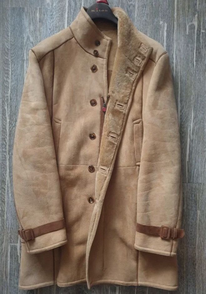 image of Kiton Leather Shearling Belt Sleeve Detail Fur Jacket Coat in Sand, Men's (Size XL)