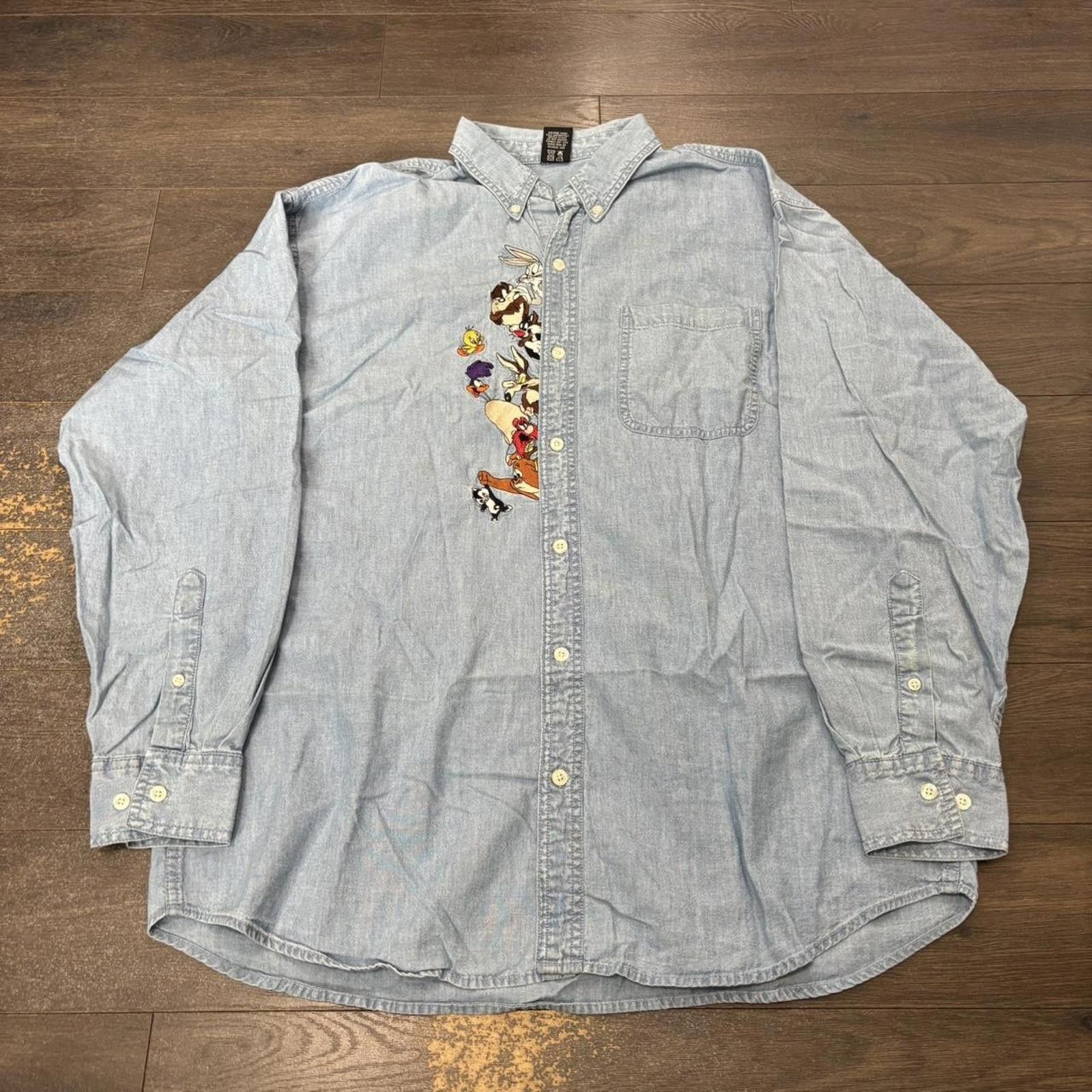 Designer vintage embroidered looney tunes button up denim shirt Size US L / EU 52-54 / 3 - 3 Thumbnail