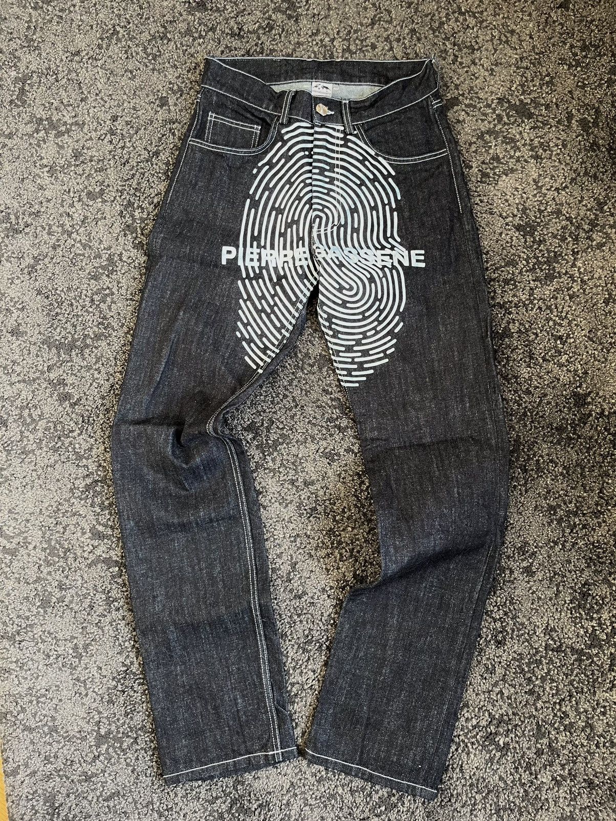 image of Vintage Pierre Bassene World « Fingerprint » Raw Denim in Dark Blue, Men's (Size 30)