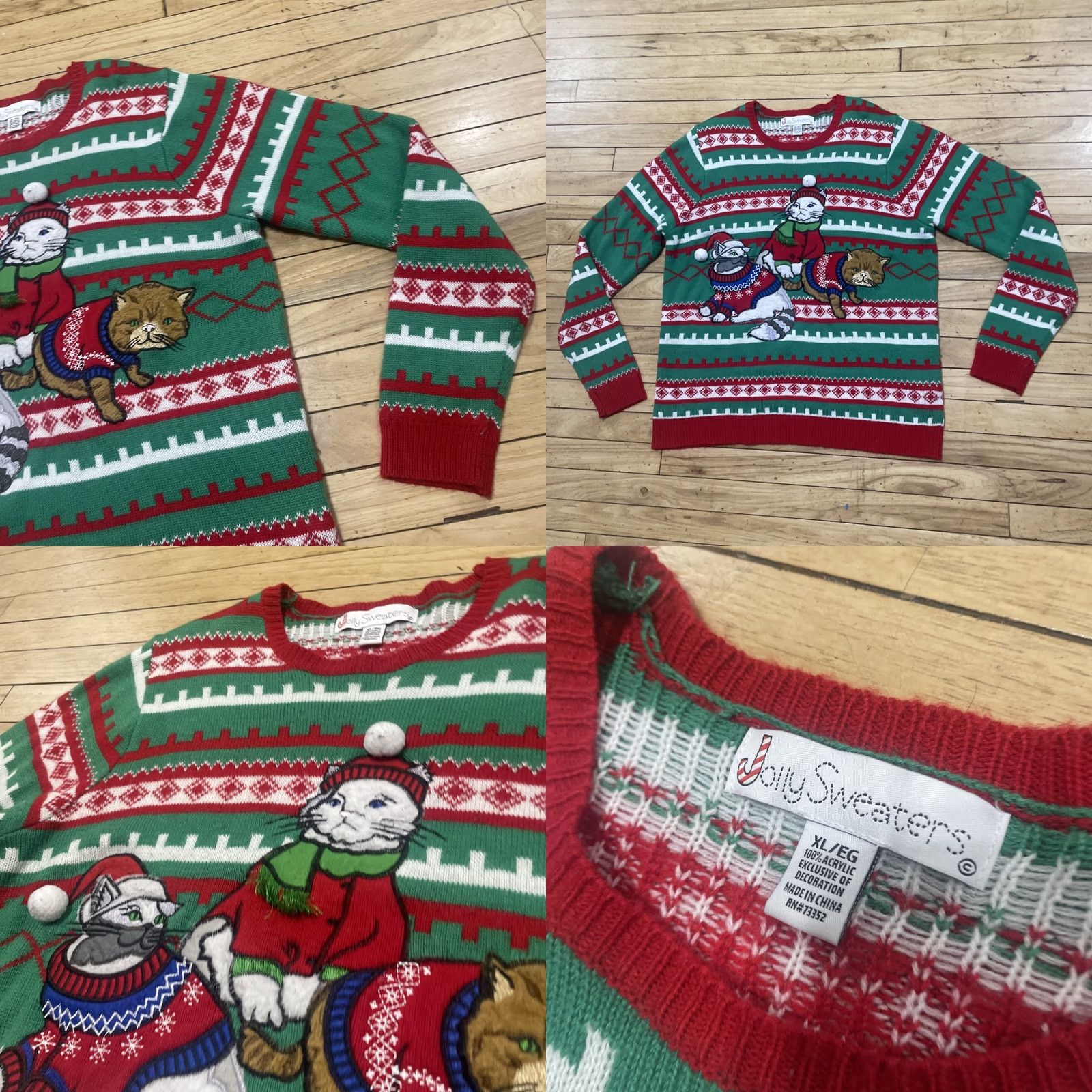 Vintage Jolly Sweaters Cat Christmas Sweater Men XL Red Green 3D Art Ugly Sweater Size US XL / EU 56 / 4 - 11 Thumbnail