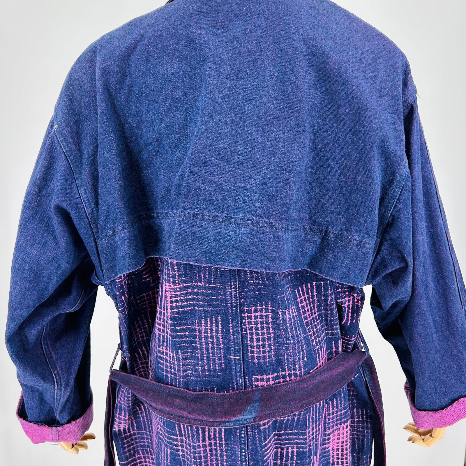 Vintage 80s Cotton Purple Blue Abstract Belted Denim Duster Coat Size M / US 6-8 / IT 42-44 - 6 Thumbnail