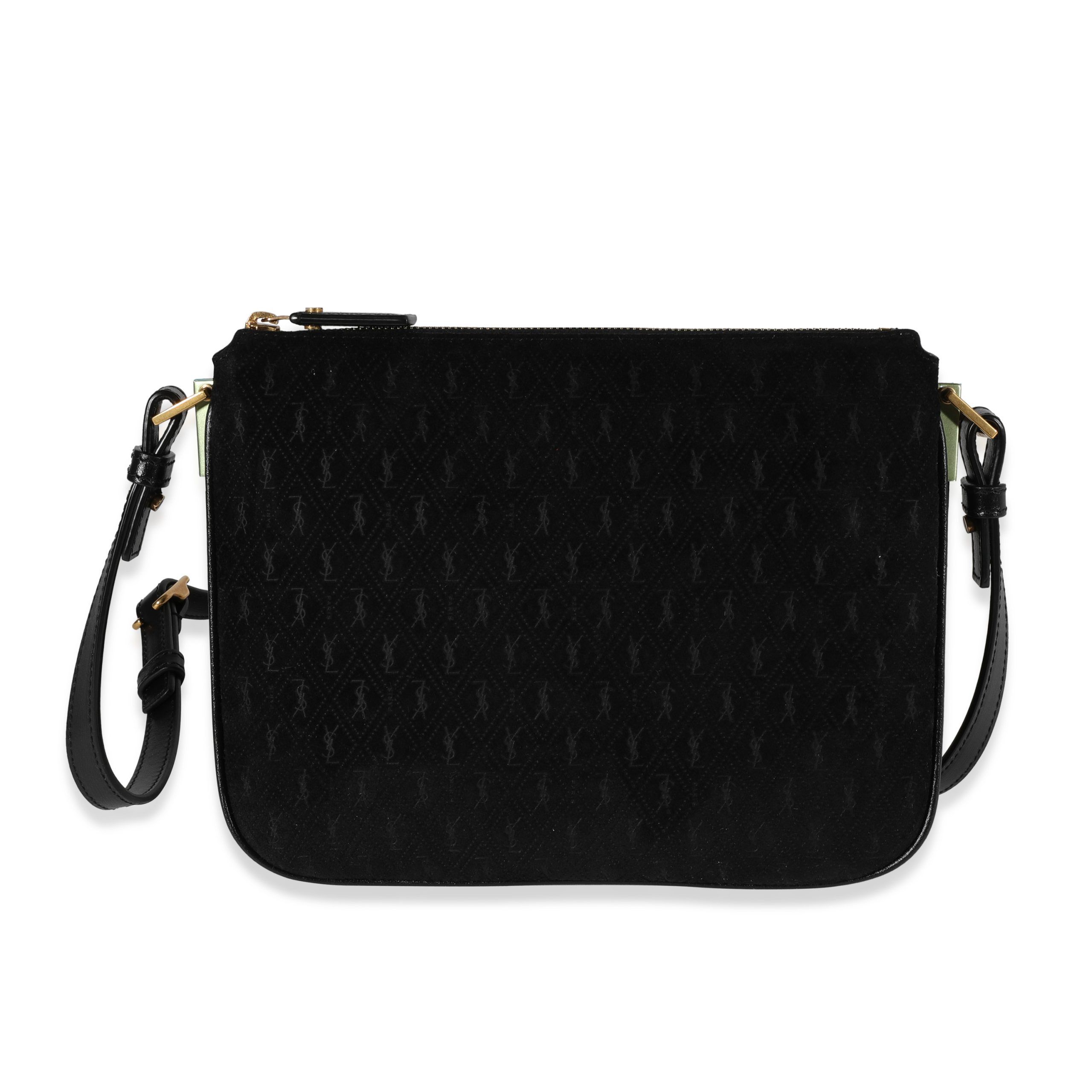 image of YVES Saint Laurent Black Suede & Leather All-Over Monogram Bag, Women's