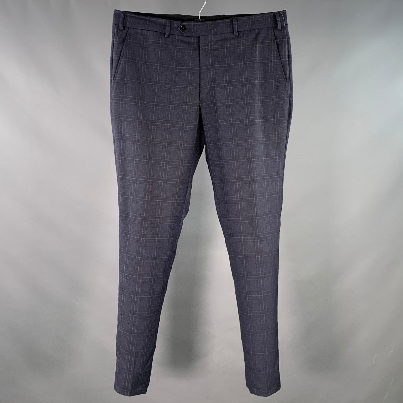 Emporio Armani Size 34 Navy Plaid Wool Slim Tapered Zip Fly Dress Pants Size US 34 / EU 50 - 1 Thumbnail