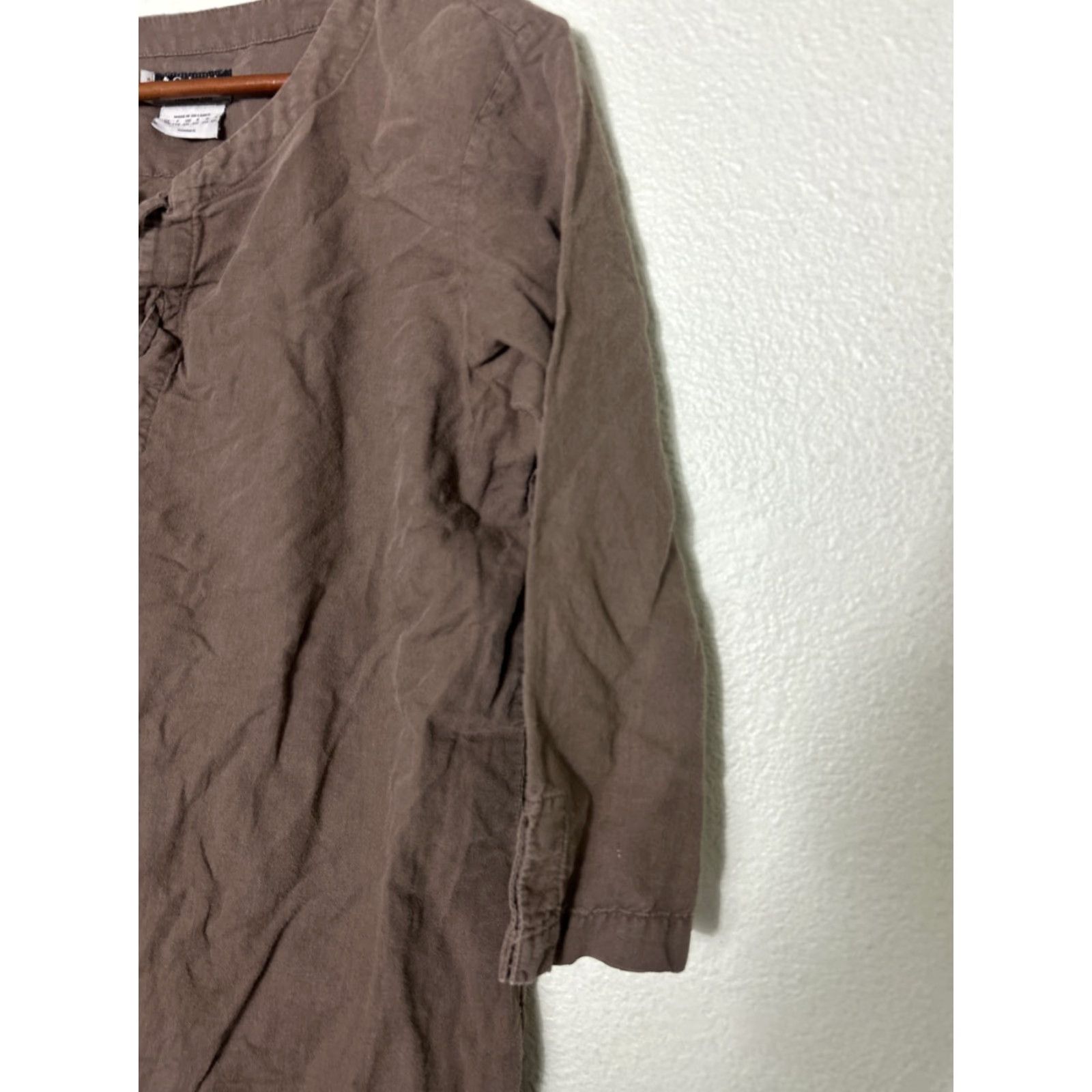 Vintage Columbia Shirt Women XL Brown Linen Blend Tie neck 3/4 Sleeve Pullover XCO Size XL / US 12-14 / IT 48-50 - 2 Thumbnail