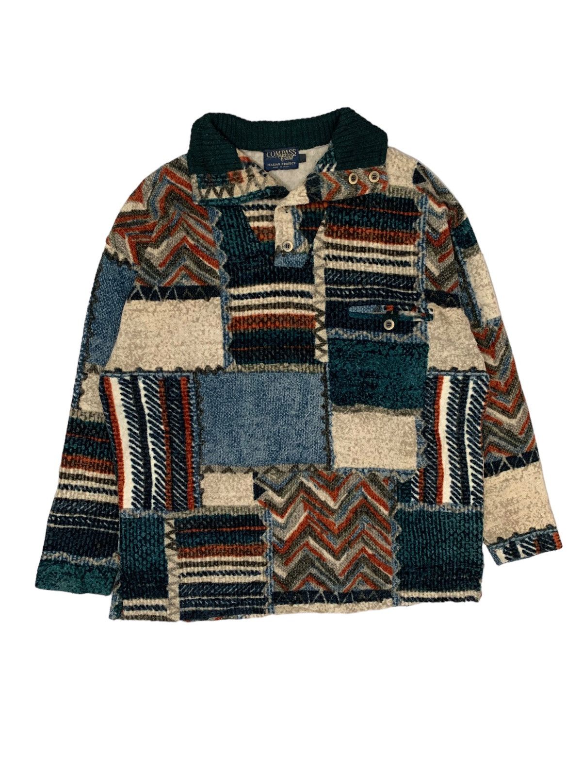 image of Italian Designers Vintage Compass Card Patchwork Wool Half Button Sweater, Men's (Size Medium)