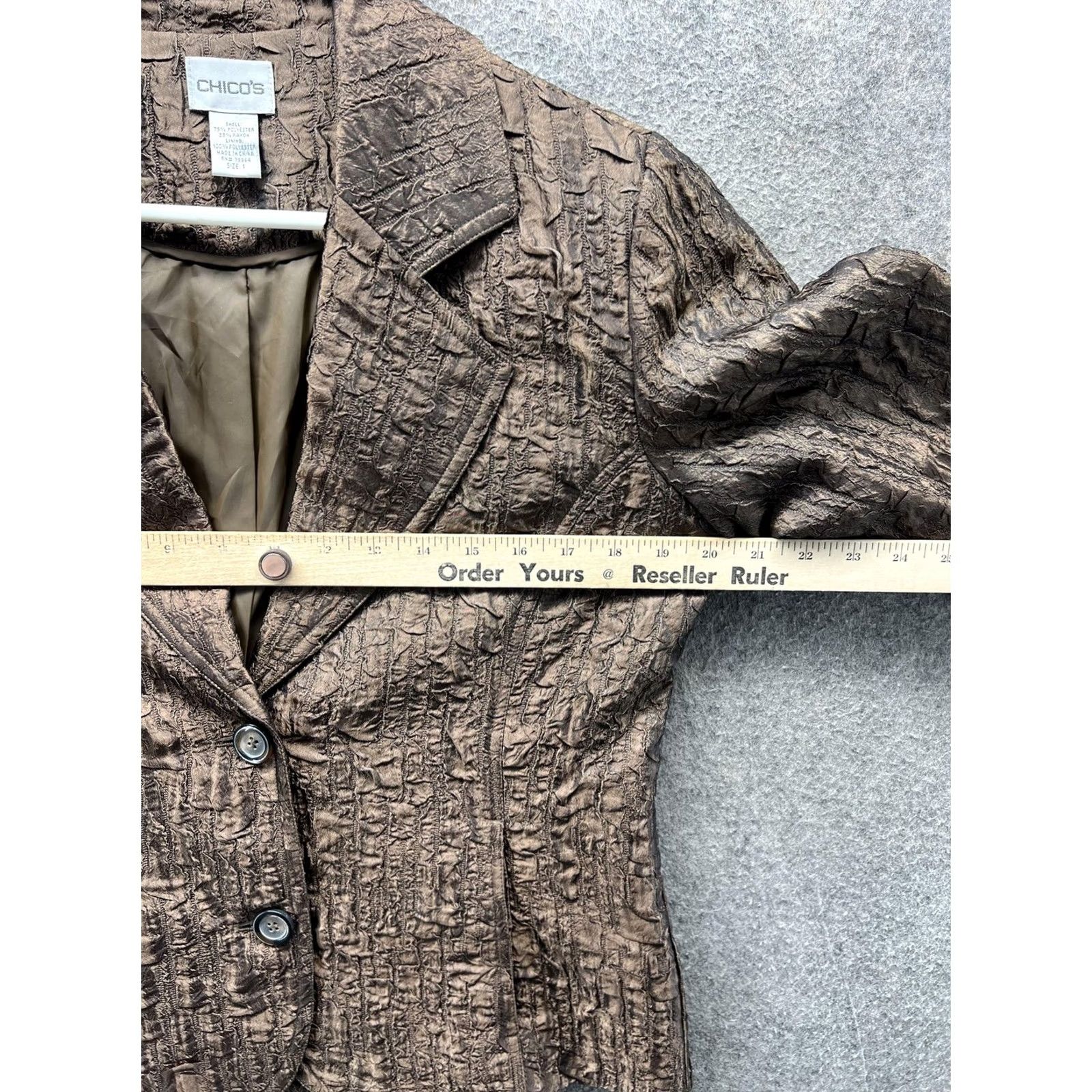Vintage Chico's Blazer Womens 1 Brown Textured Taffeta Button Front Lined Short Evening Blazer Jacket Mens? Size 25" / US 0 / IT 36 - 4 Thumbnail
