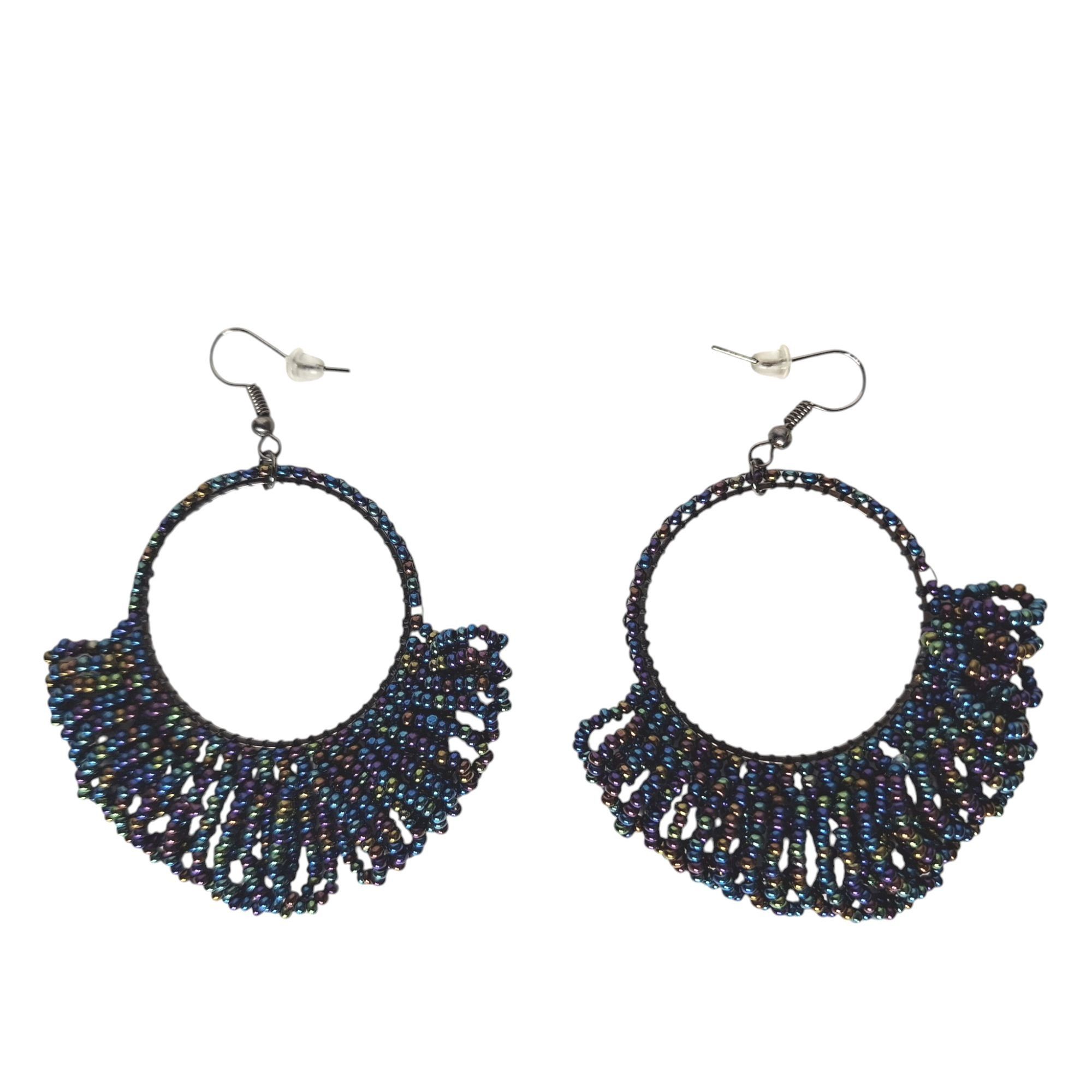 Other Iridescent Seed Bead Hoop Earrings Boho Festival Fringe Fan Size ONE SIZE - 1 Thumbnail