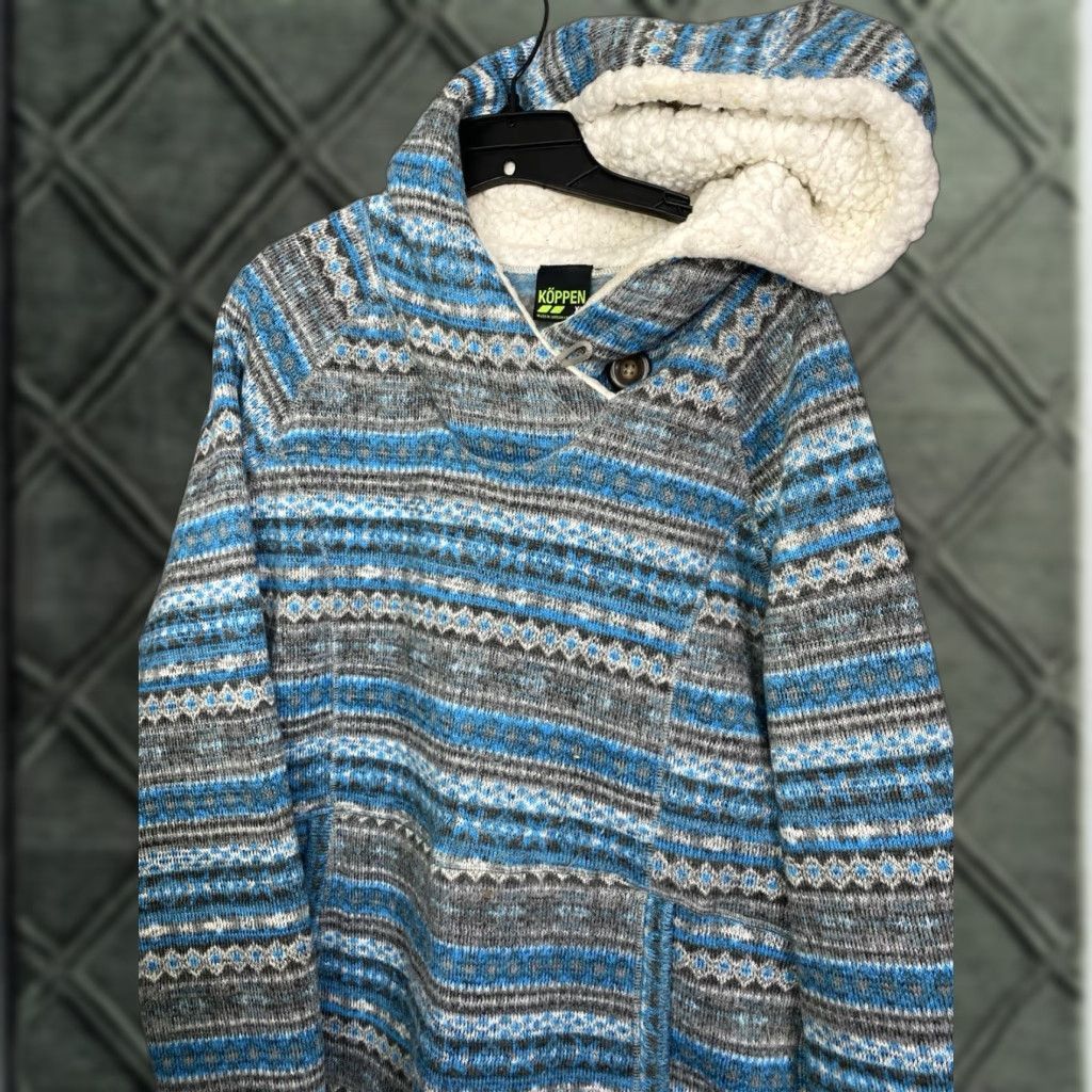 Vintage Koppen Sweater Womens XL Blue White Aztec Pattern Hoodie Pockets Sherpa 23x27 Size XL / US 12-14 / IT 48-50 - 1 Thumbnail