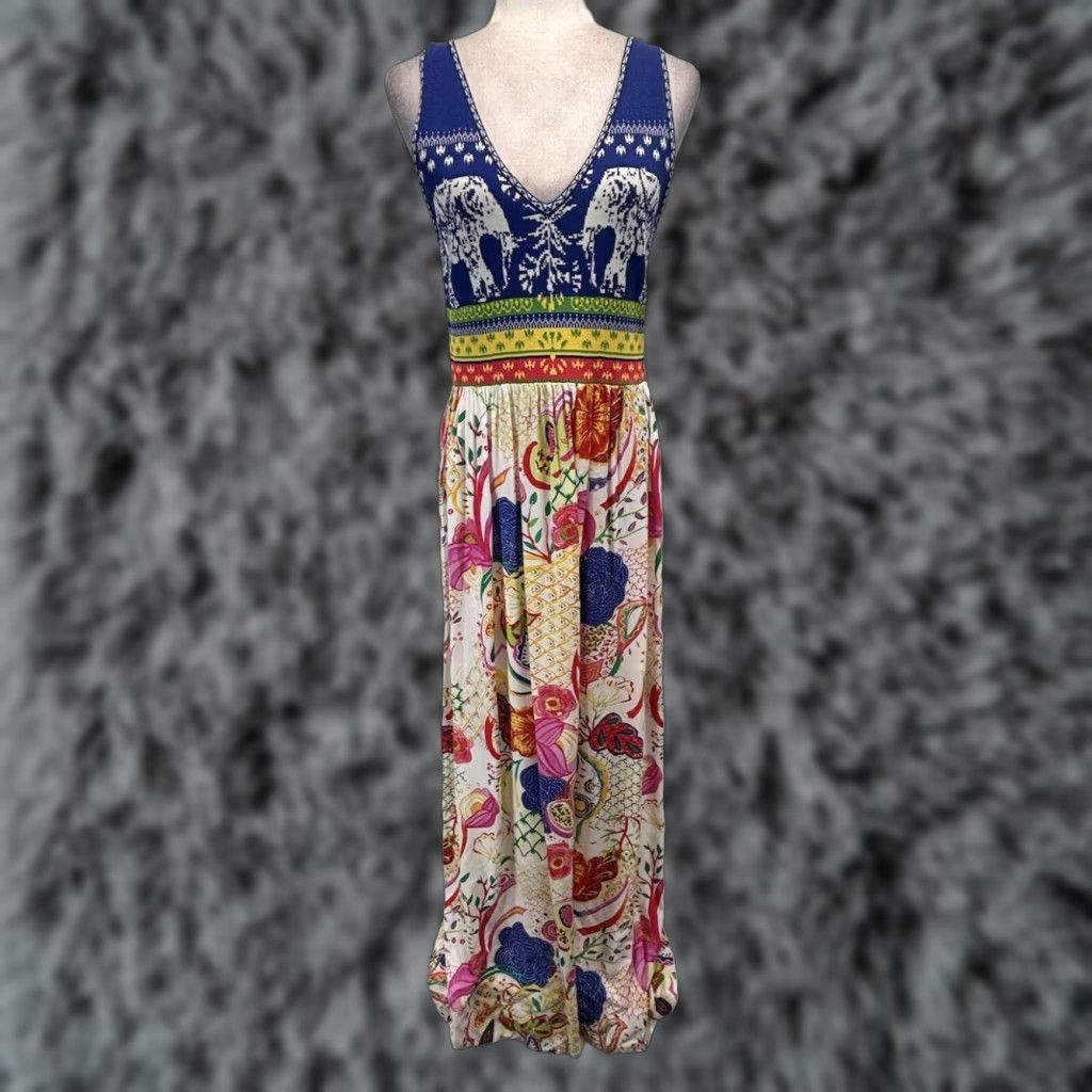 Desigual Desigual Floral Elephant Maxi Dress Blue Multicolored Sleeveless UK 12 EU 40 Womens Summer Size XL / US 12-14 / IT 48-50 - 1 Thumbnail