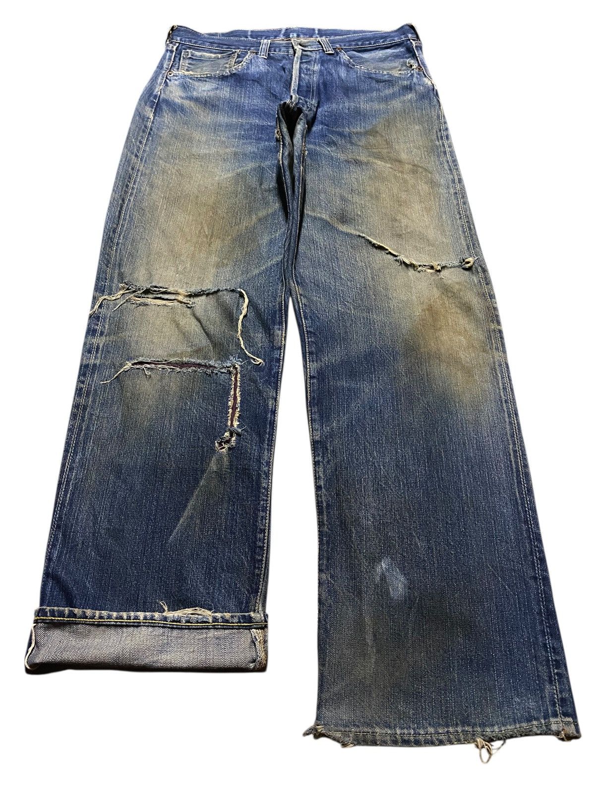 The Real McCoy's Vintage Joe Mccoy Mud Wash Selvedge Distressed Baggy Jeans Size US 33 - 1 Thumbnail