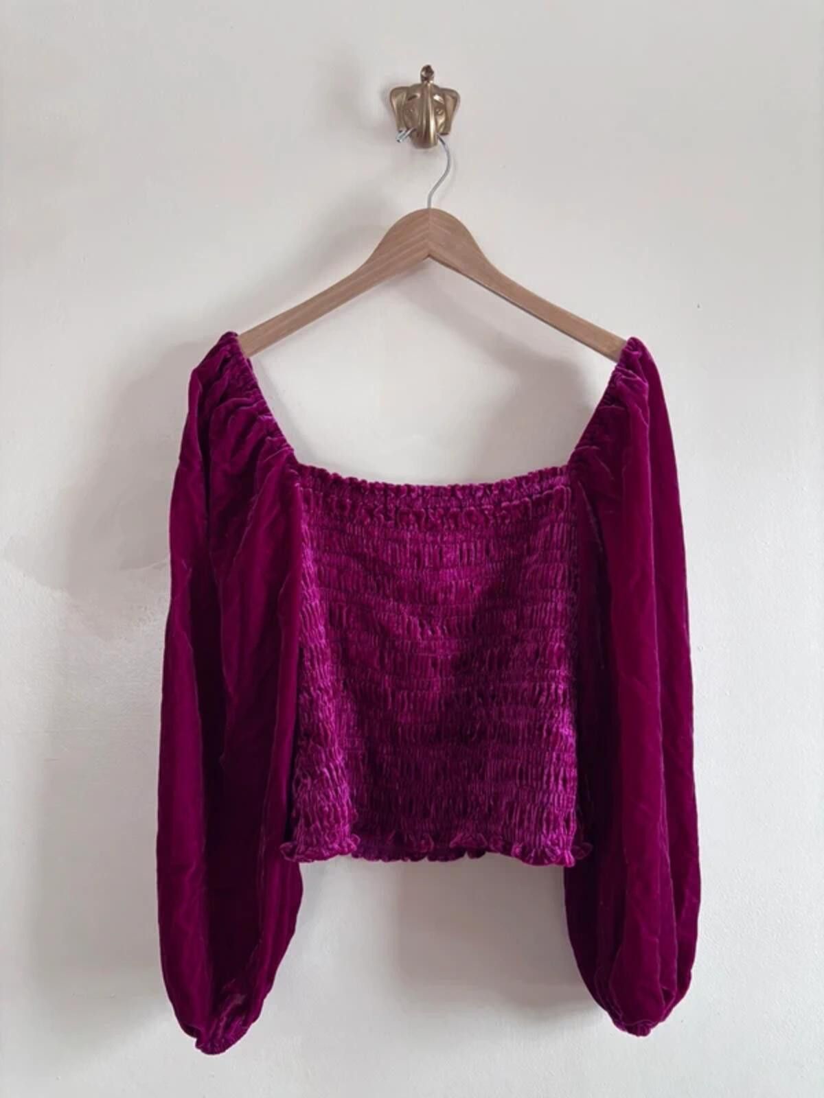 Other Anthropologie Fuschia Crushed Velvet Smocked Top size XL Size L / US 10 / IT 46 - 1 Thumbnail