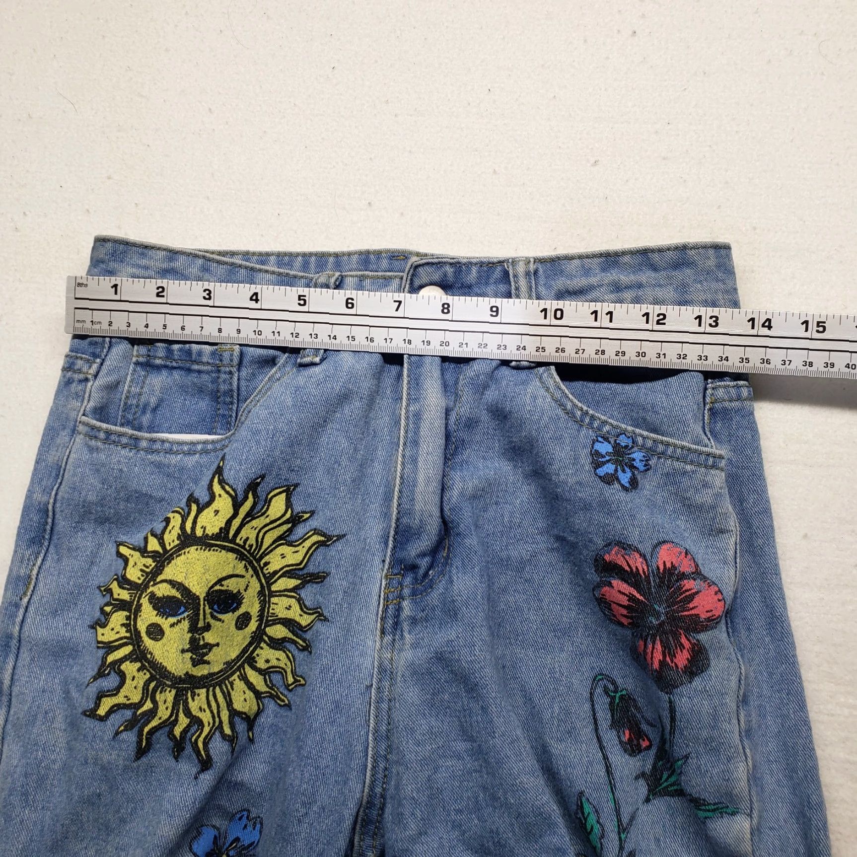 Shein SHEIN Blue Jeans Pants Floral & Sun Print Ripped Straight Distressed Women's XS Size 26" / US 2 / IT 38 - 6 Thumbnail