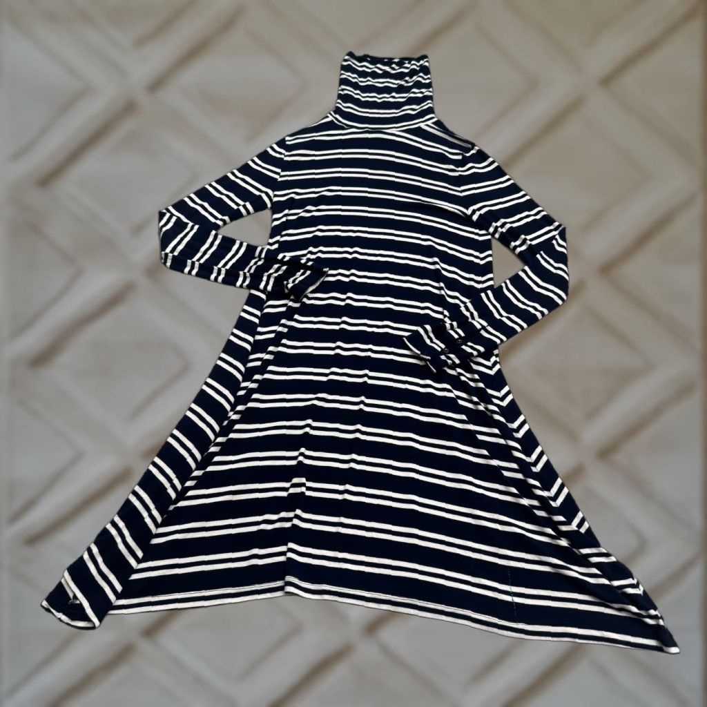Vintage Maeve Dress Shirt? No, it's a Turtleneck Asymmetric Knit Dress Women S Navy Striped Long Sleeve Maeve Size S / US 4 / IT 40 - 1 Thumbnail