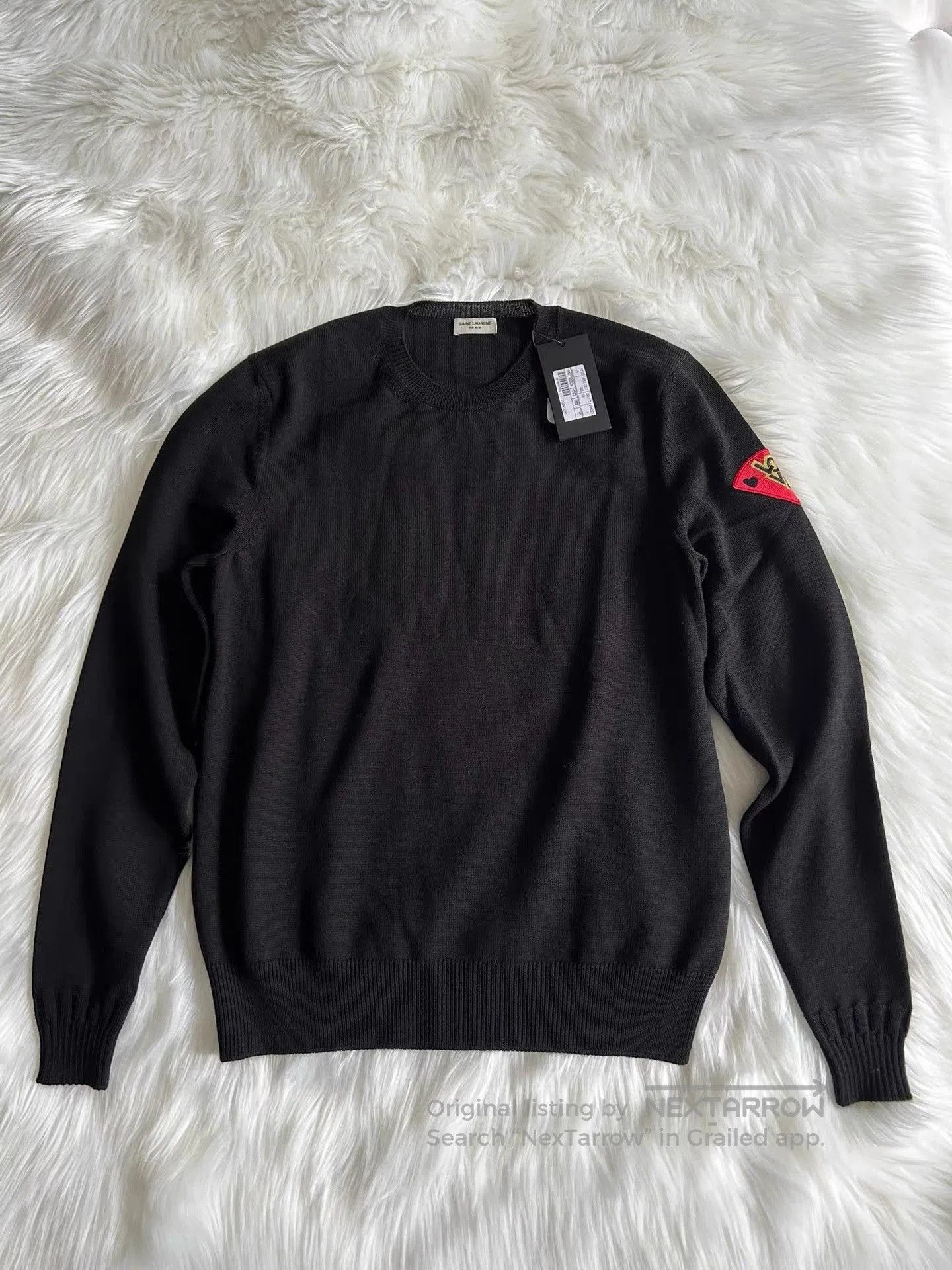 Saint Laurent Paris Black Crewneck Sweater with Embroidered Arm Patch. Size US M / EU 48-50 / 2 - 1 Thumbnail