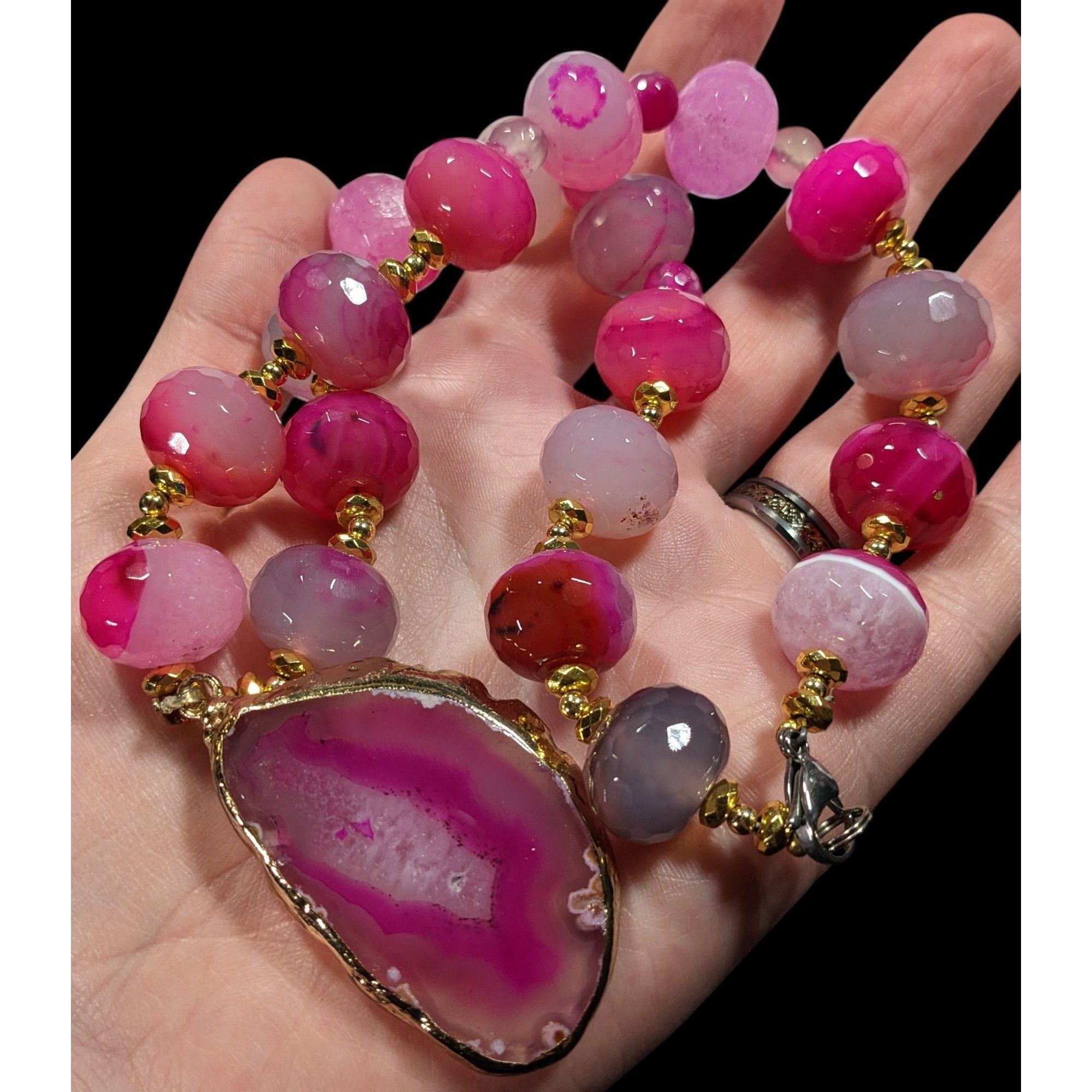 Other Glam Nature Inspired Pink Dyed Agate And Geode Slice Necklac Size ONE SIZE - 3 Thumbnail