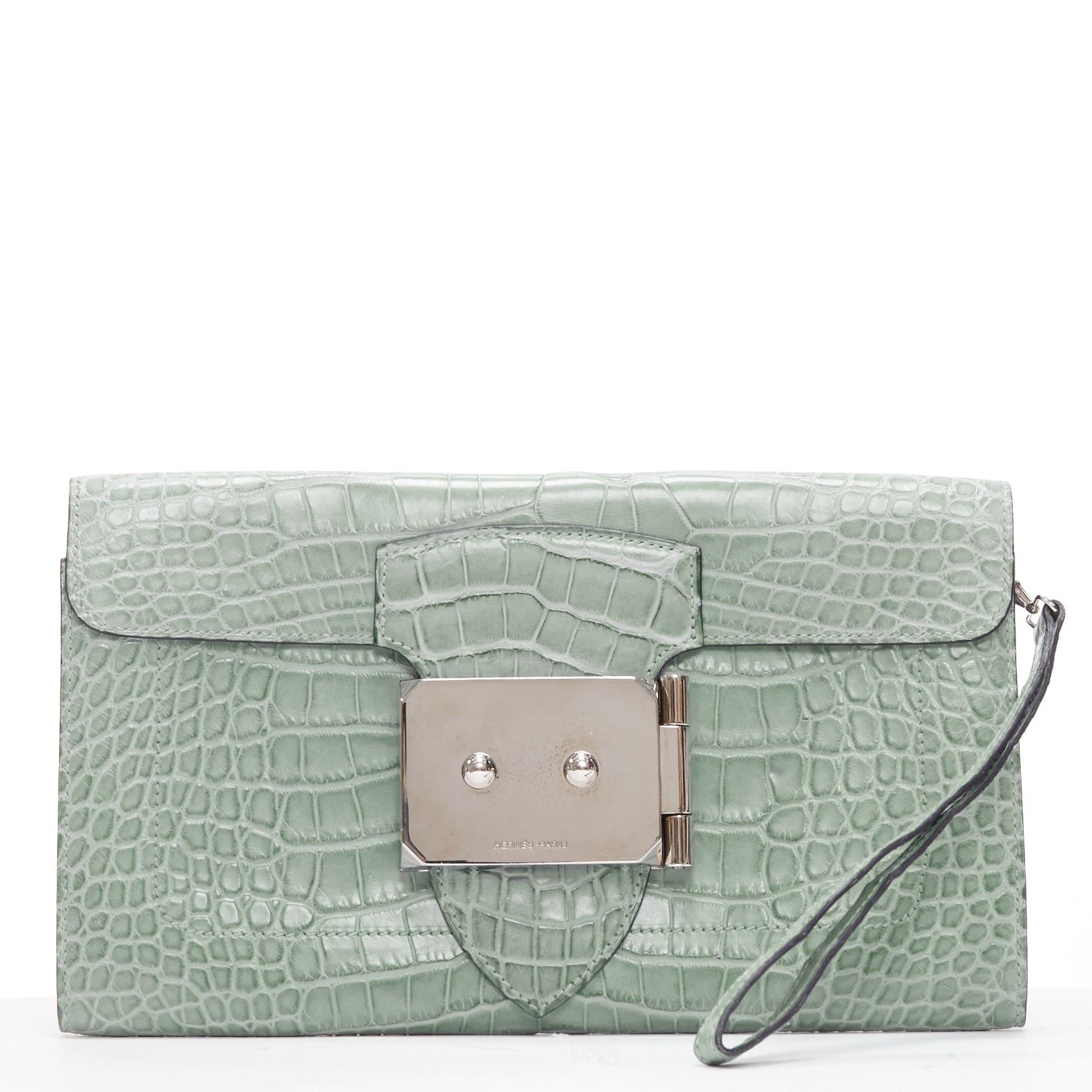 Hermes HERMES Goodlock Porosus mint green scaled leather PHW push clasp wrist clutch Size ONE SIZE - 1 Thumbnail