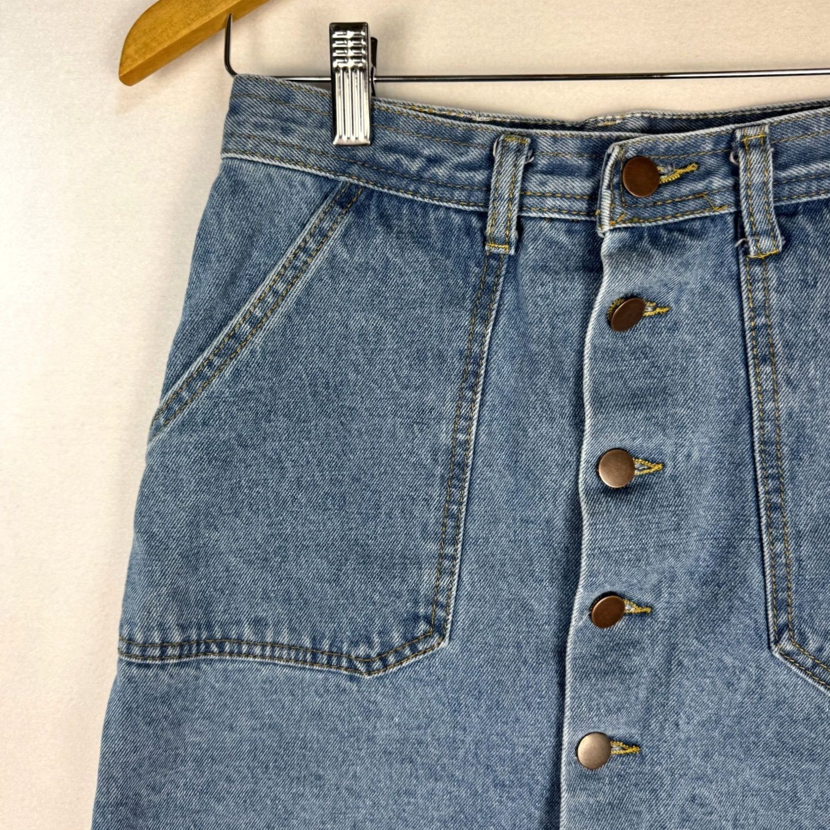 Denime Blue Denim Button Front Mini Skirt Size S Patch Pockets Retro 70s Indie Wash Size 28" / US 6 / IT 42 - 7 Thumbnail