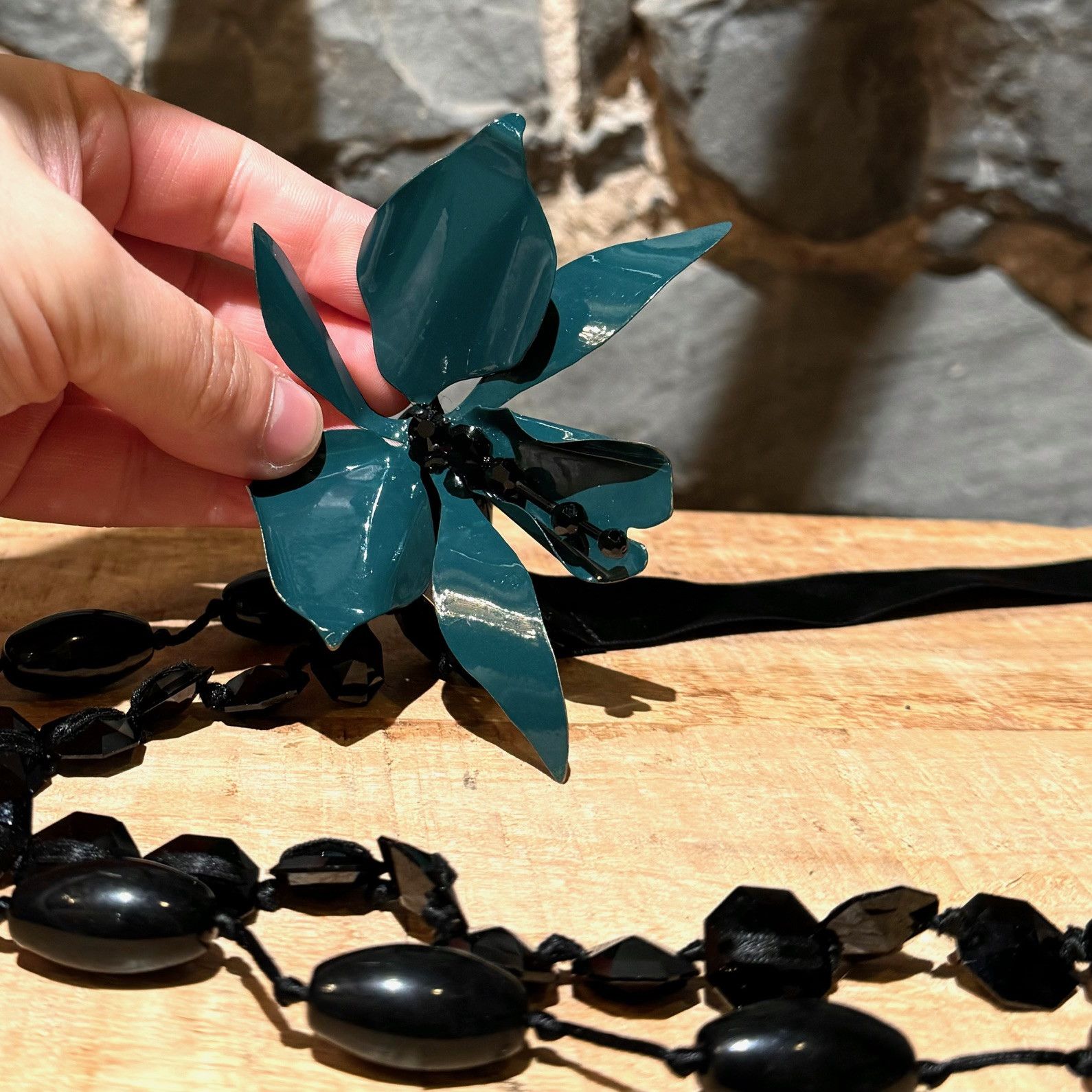 Lanvin Lanvin Black Stone Satin Flower Statement Necklace Size ONE SIZE - 3 Thumbnail