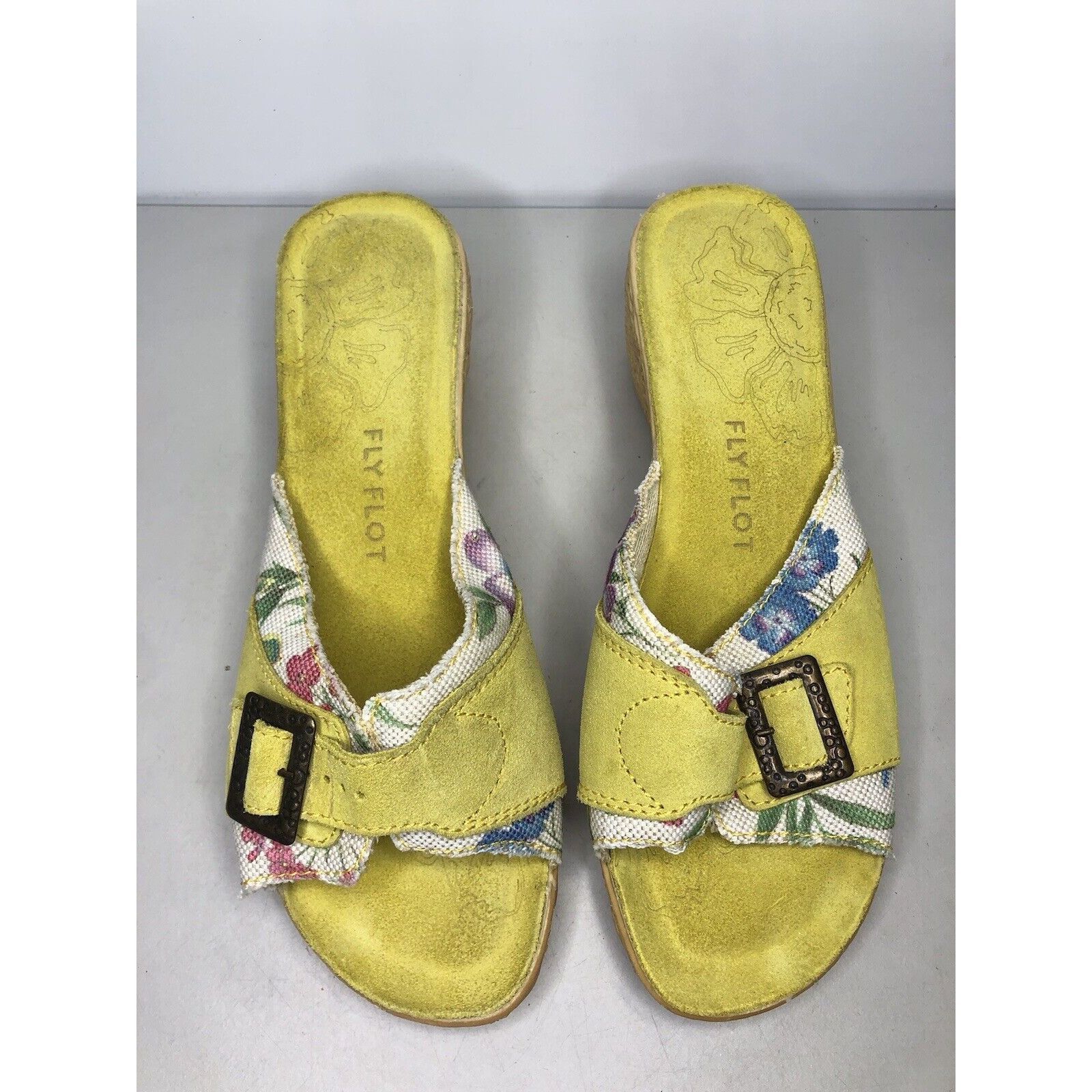 Other FLY FLOT Anti Shock Yellow Suede Floral Buckle Wedge Sandals Size US 10.5 / IT 40.5 - 15 Thumbnail