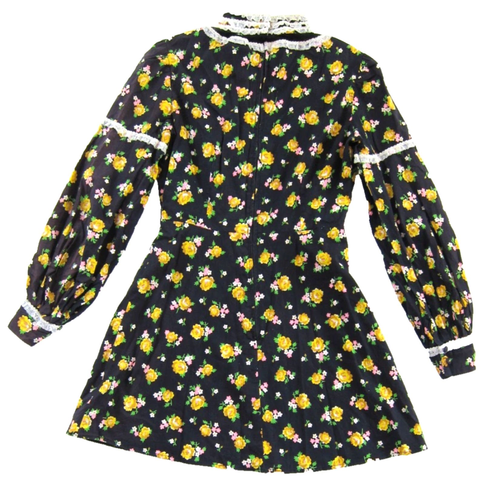 Vintage VTG Handmade Black Yellow Pink Floral Lace High Neck Long sleeve Mini Dress S Size S / US 4 / IT 40 - 2 Thumbnail