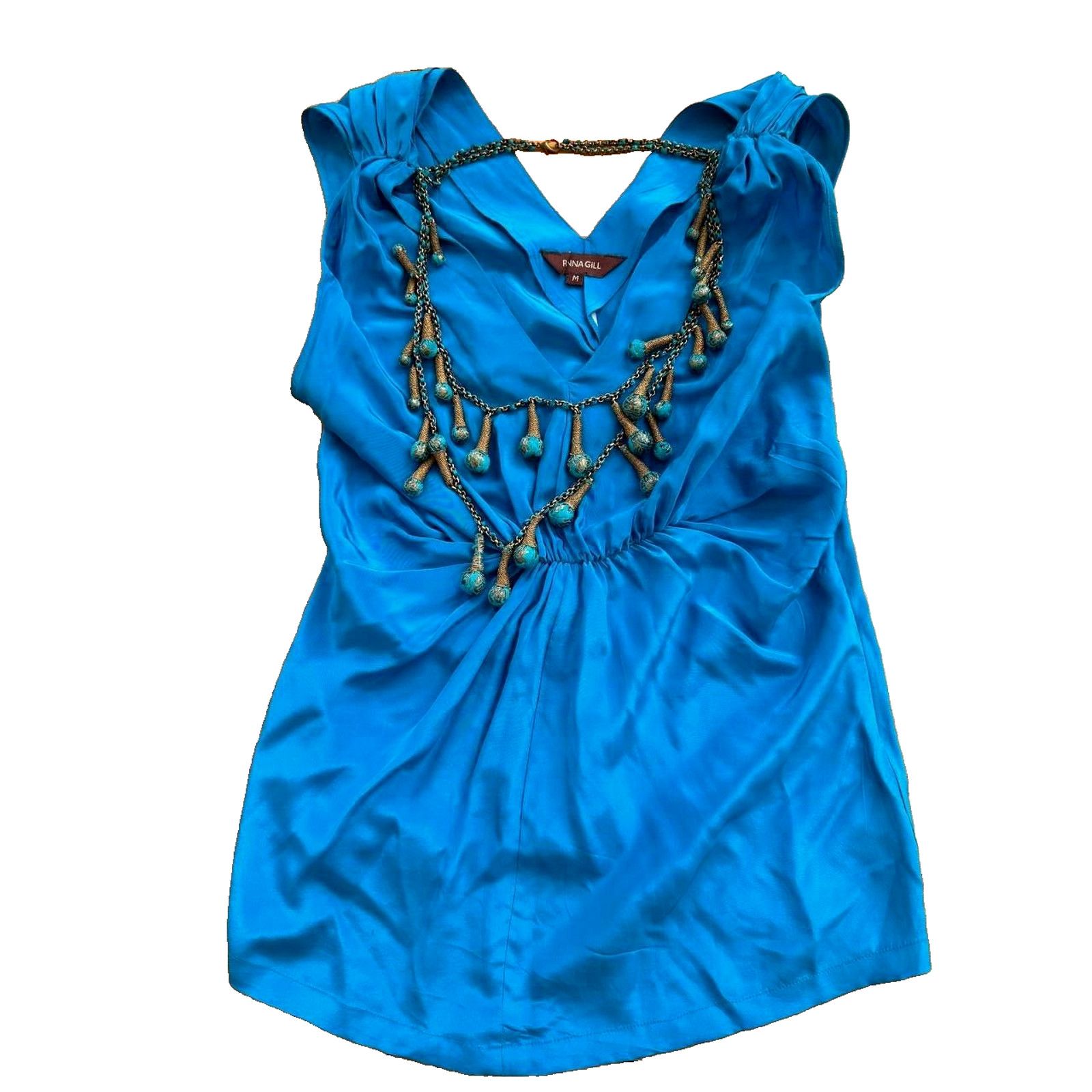 Anthropologie Ranna Gill silk top necklace Sleeve Length Blue M A000606 Size M / US 6-8 / IT 42-44 - 8 Thumbnail
