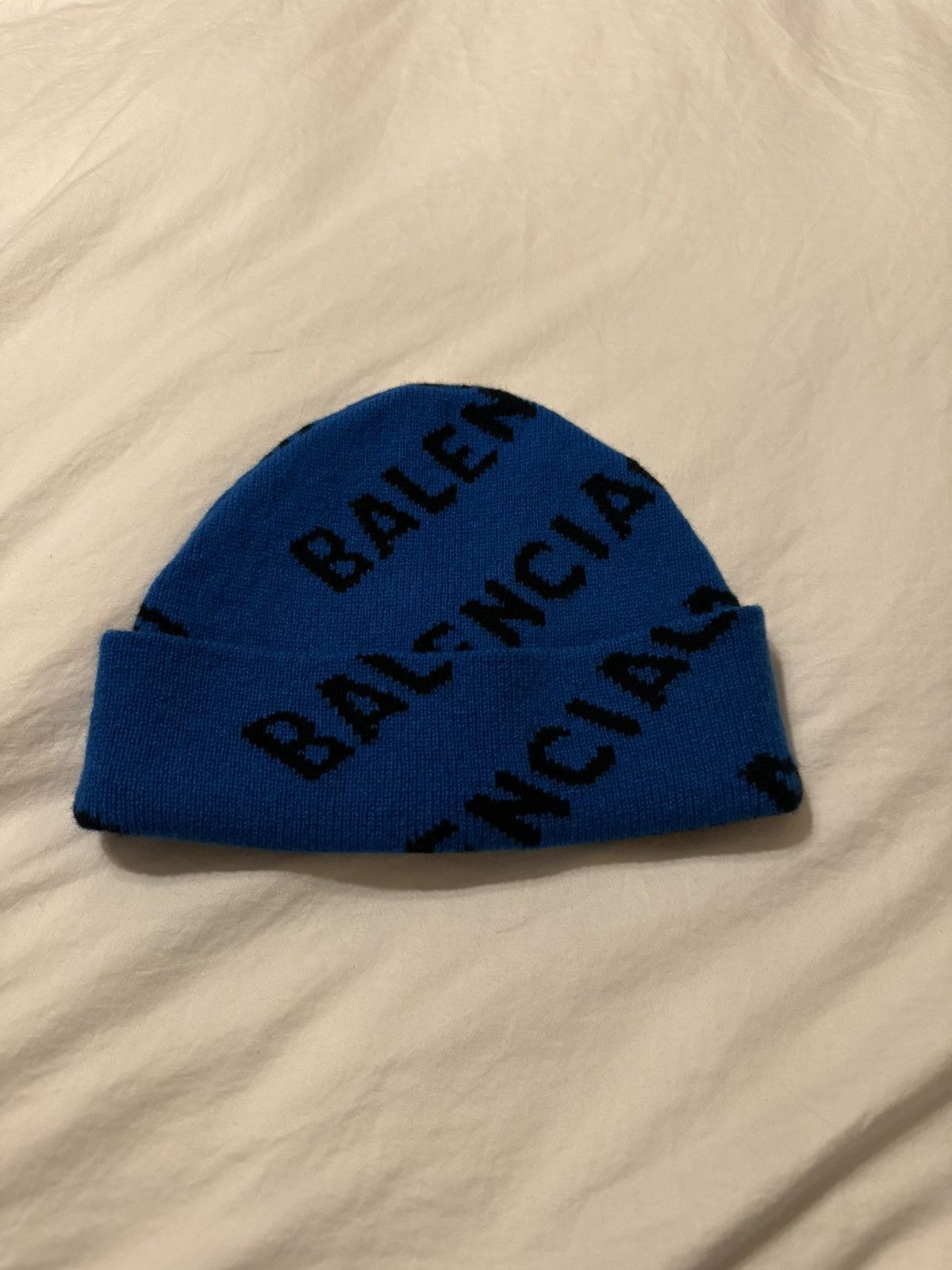 image of Balenciaga Blue Allover Logo Beanie, Men's