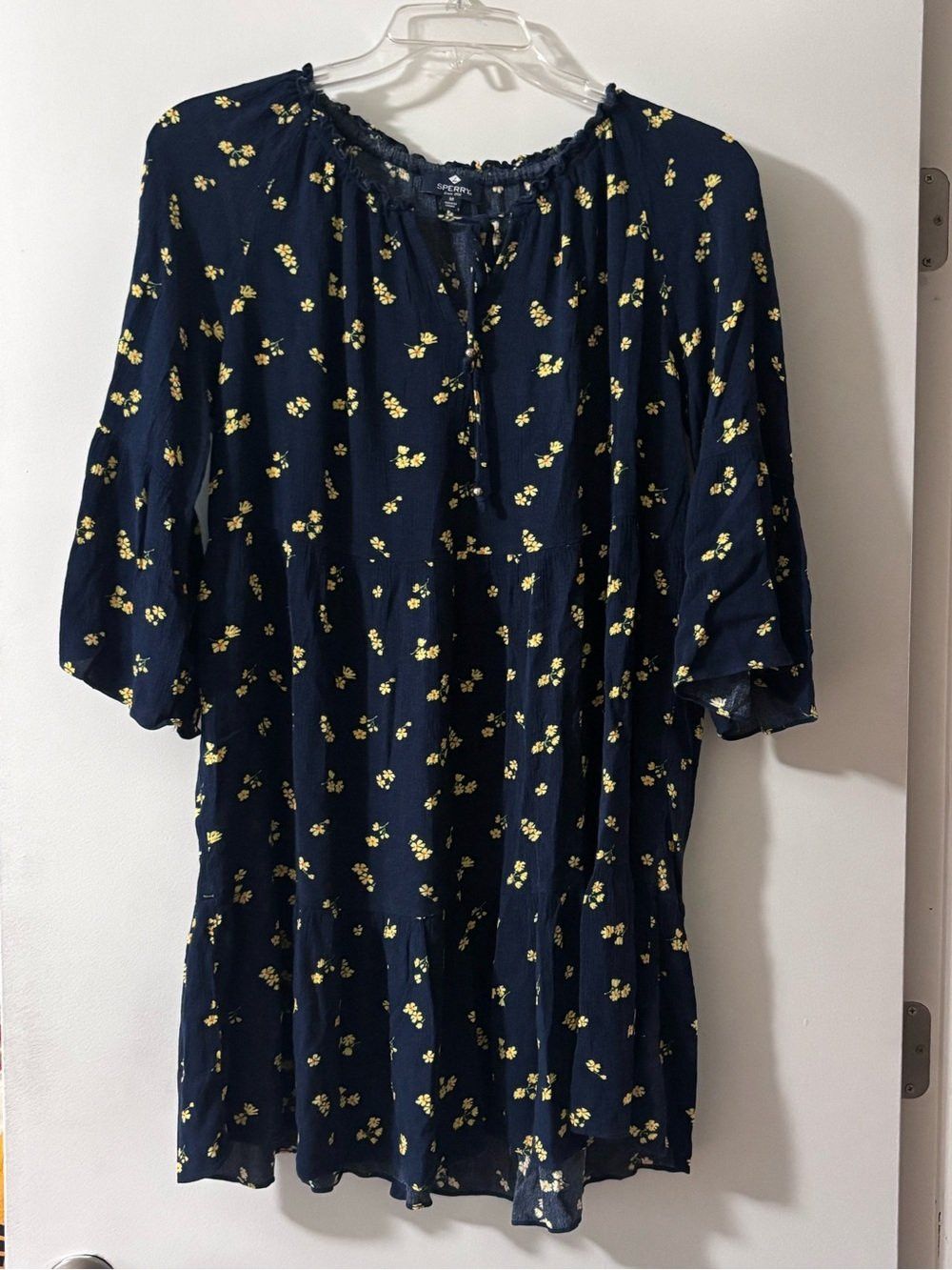 Sperry Sperry Navy Blue Yellow Floral Tiered Dress Bell Sleeves Size M / US 6-8 / IT 42-44 - 1 Thumbnail