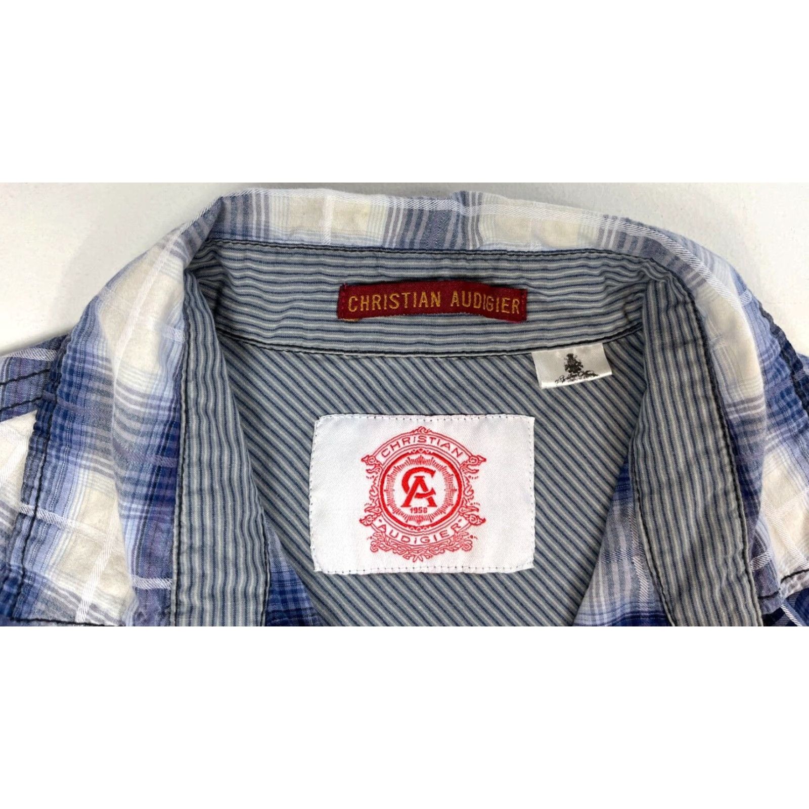 Vintage Christian Audigier Shirt Plaid Long Sleeve Button-Up Pearl Snap Western Mens M Blue Cotton Slub Pocketed Size US M / EU 48-50 / 2 - 4 Thumbnail