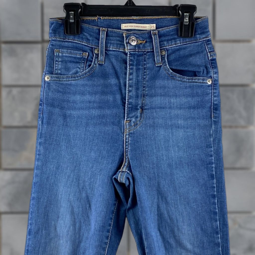 Levi's Levi's Mile High Super Skinny Jeans Womens 25 Blue Denim Distressed 5-Pocket Rise High Slim Fit Jeans Womens Boys Girls Size 42" / US 20 - 1 Thumbnail