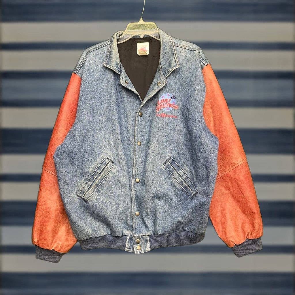 Planet Hollywood Jacket Mens XL Denim Leather USA Blue 90s Disney Punk Grunge Varsity Jacket Kid?