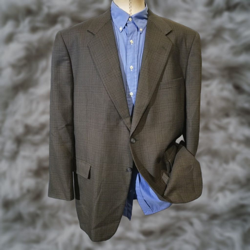 Vintage Palo Savino Sport Coat Blazer Jacket Plaid Wool Polyester Tweed Brown & Blue 2 Button Long Notch Lapel 48L Mens Regular Size 48R - 1 Thumbnail