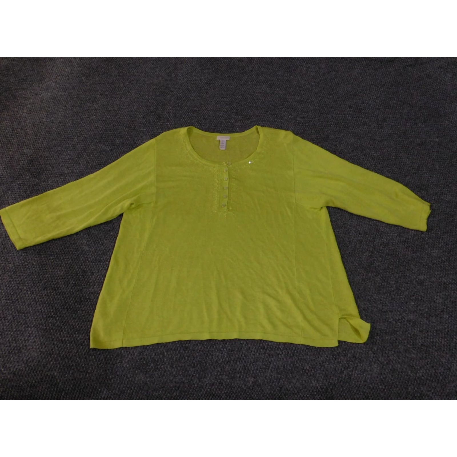 Vintage Chico's Sweater Womens 3 Green Linen Viscose Sequin Button Lightweight Top 3/4 Sleeve Scoop Neck Knitting Knit Size XS / US 0-2 / IT 36-38 - 2 Thumbnail
