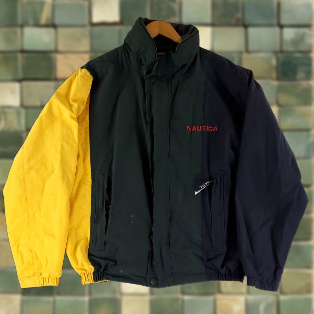 Nautica VTG 90s Reversible Sailing Jacket Green Yellow Blue Color Block Mens XL Multicolor Windbreaker Jacket