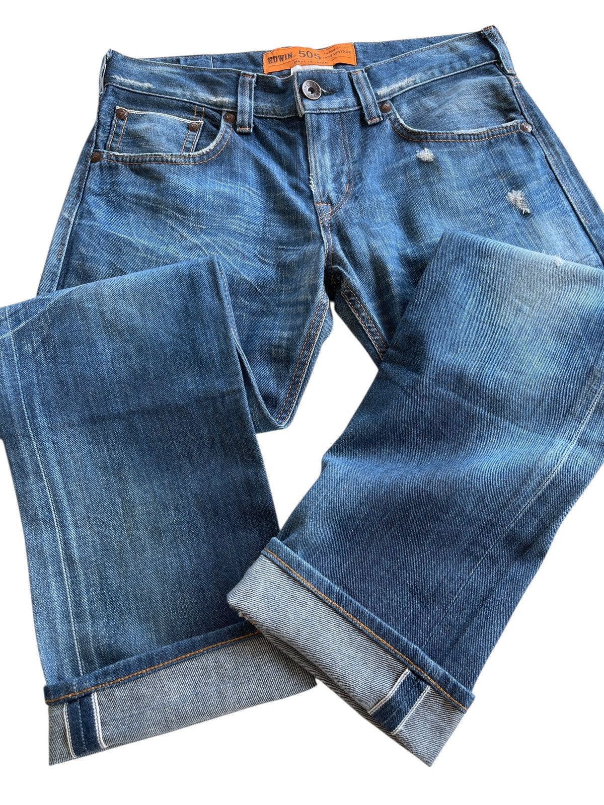 Japanese Brand Edwin Limited Blue Selvedge Buckleback Distressed Denim Size US 31 - 12 Thumbnail