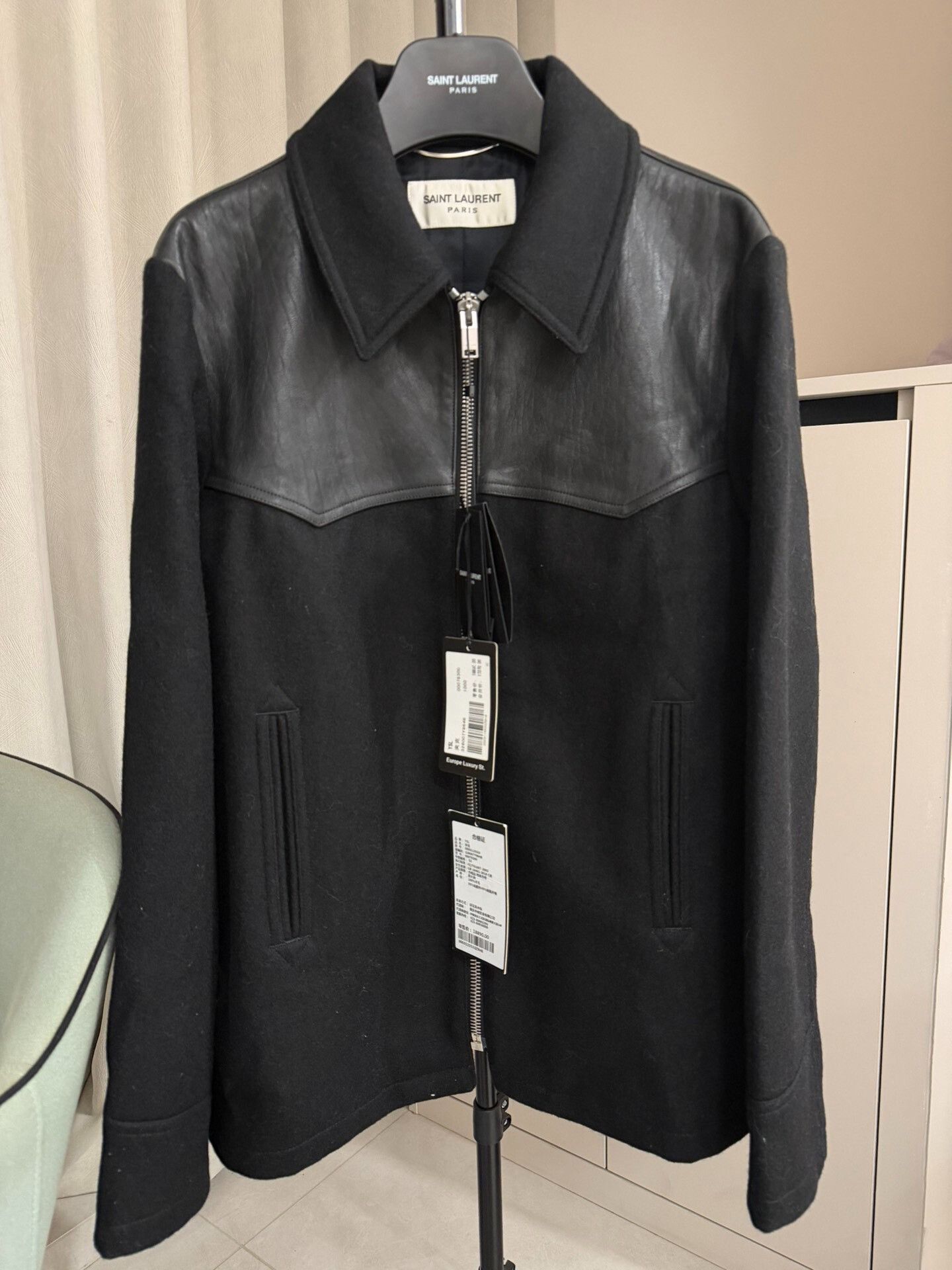 Saint Laurent Paris Saint Laurent Black Leather Wool Jacket Size US L / EU 52-54 / 3 - 1 Thumbnail