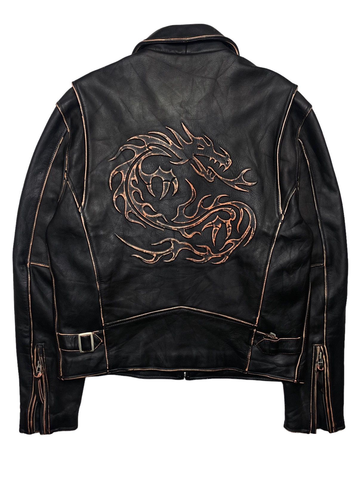 image of 14Th Addiction x Kmrii 1990S Wind Armor - Dragon Leather Moto Jacket in Black, Men's (Size Medium)