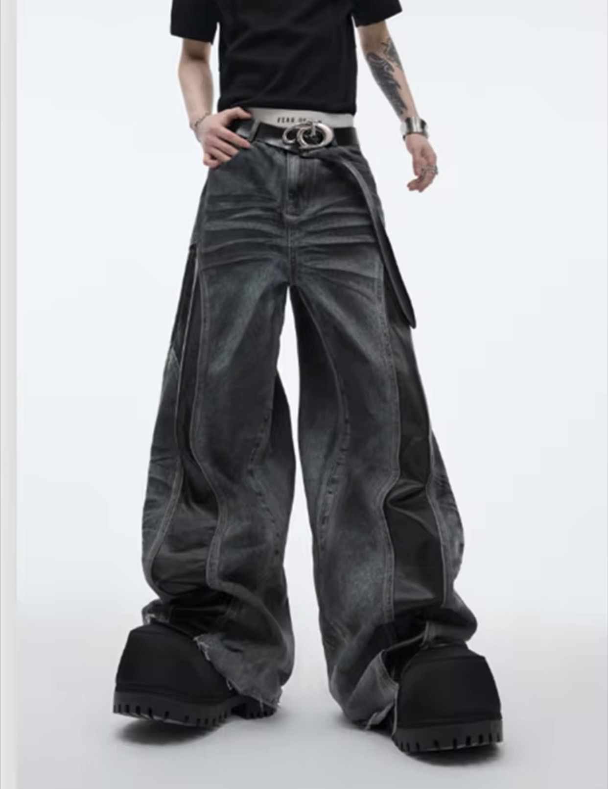Leather Cyber Y2K Streetwear Pu Leather Patchwork Baggy Flare Jeans Size US 34 / EU 50 - 5 Thumbnail