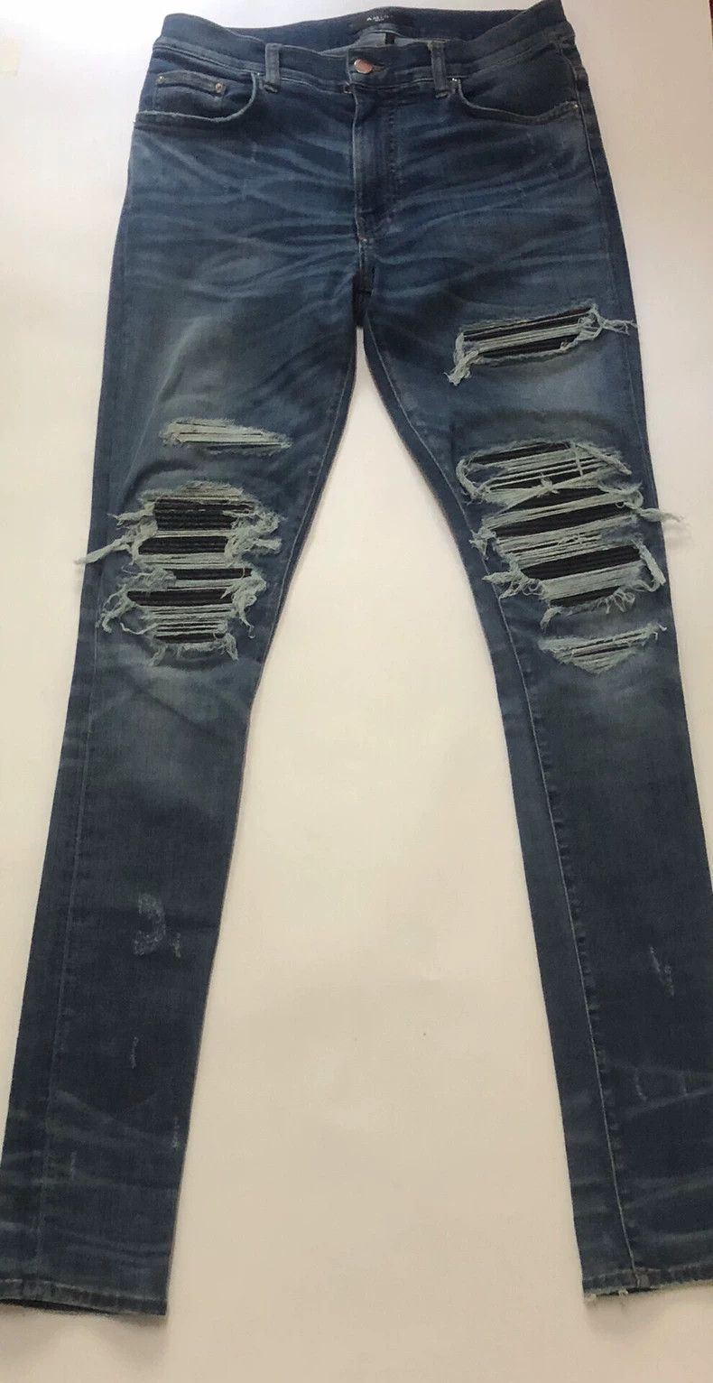 Amiri 16aw classic mx1 blue leather patched denim pants