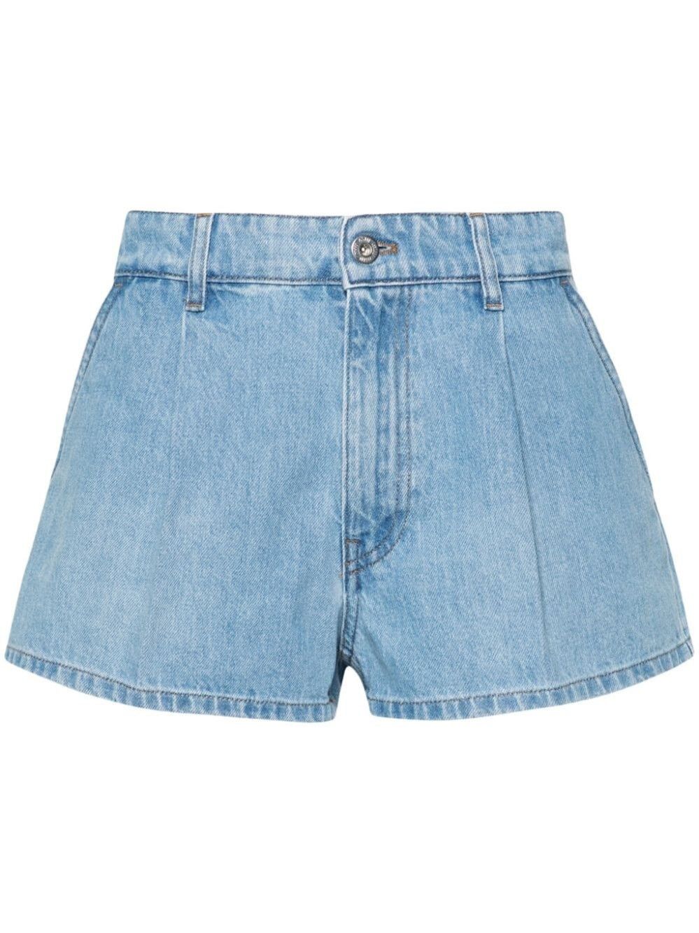 image of Miu Miu Pleated Denim Shorts in Blue, Women's (Size 27)