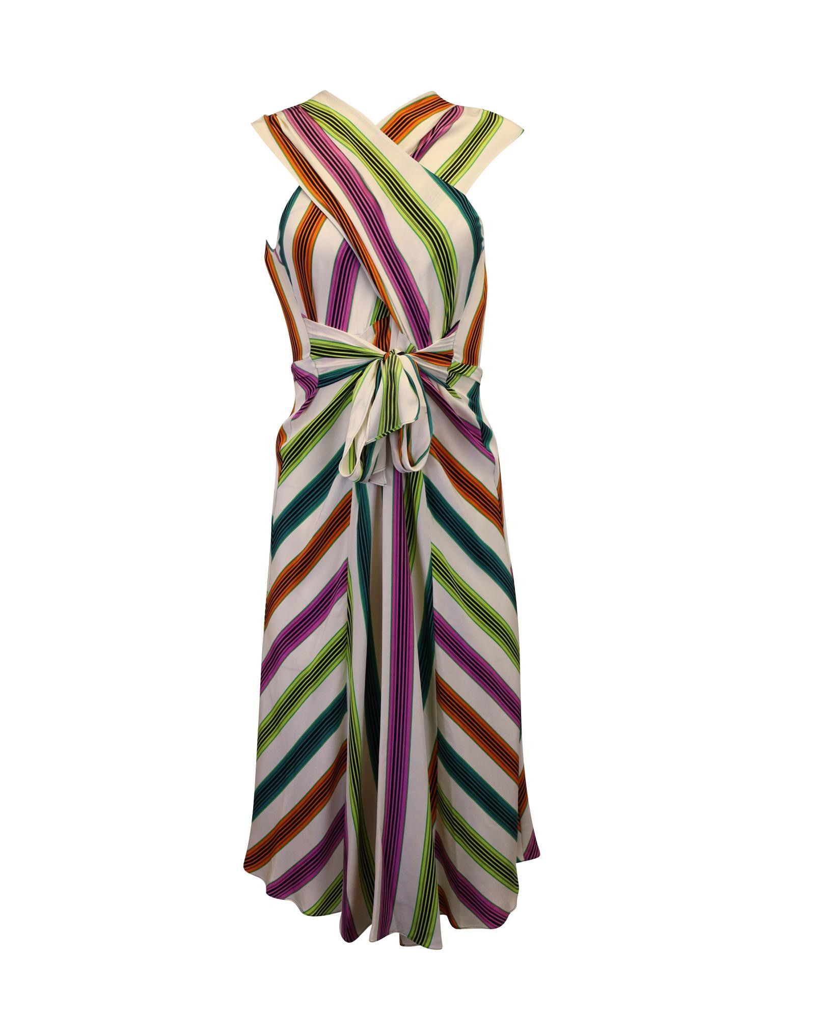 image of Multicolor Striped Silk Dress With Waist Ties By Diane Von Furstenberg, Women's (Size XS)