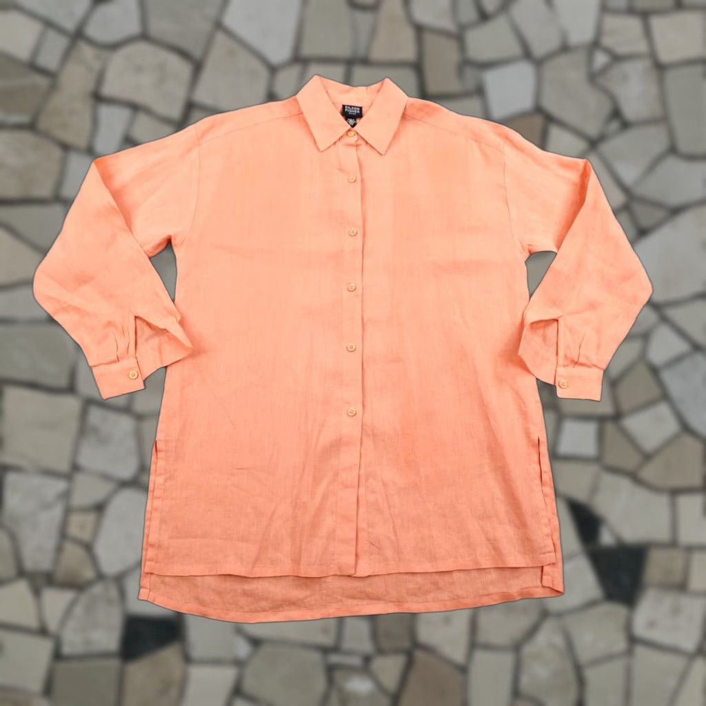 Eileen Fisher Eileen Fisher Shirt Womens Petite Small Orange Linen Button Front Tunic Top Size S / US 4 / IT 40 - 1 Thumbnail