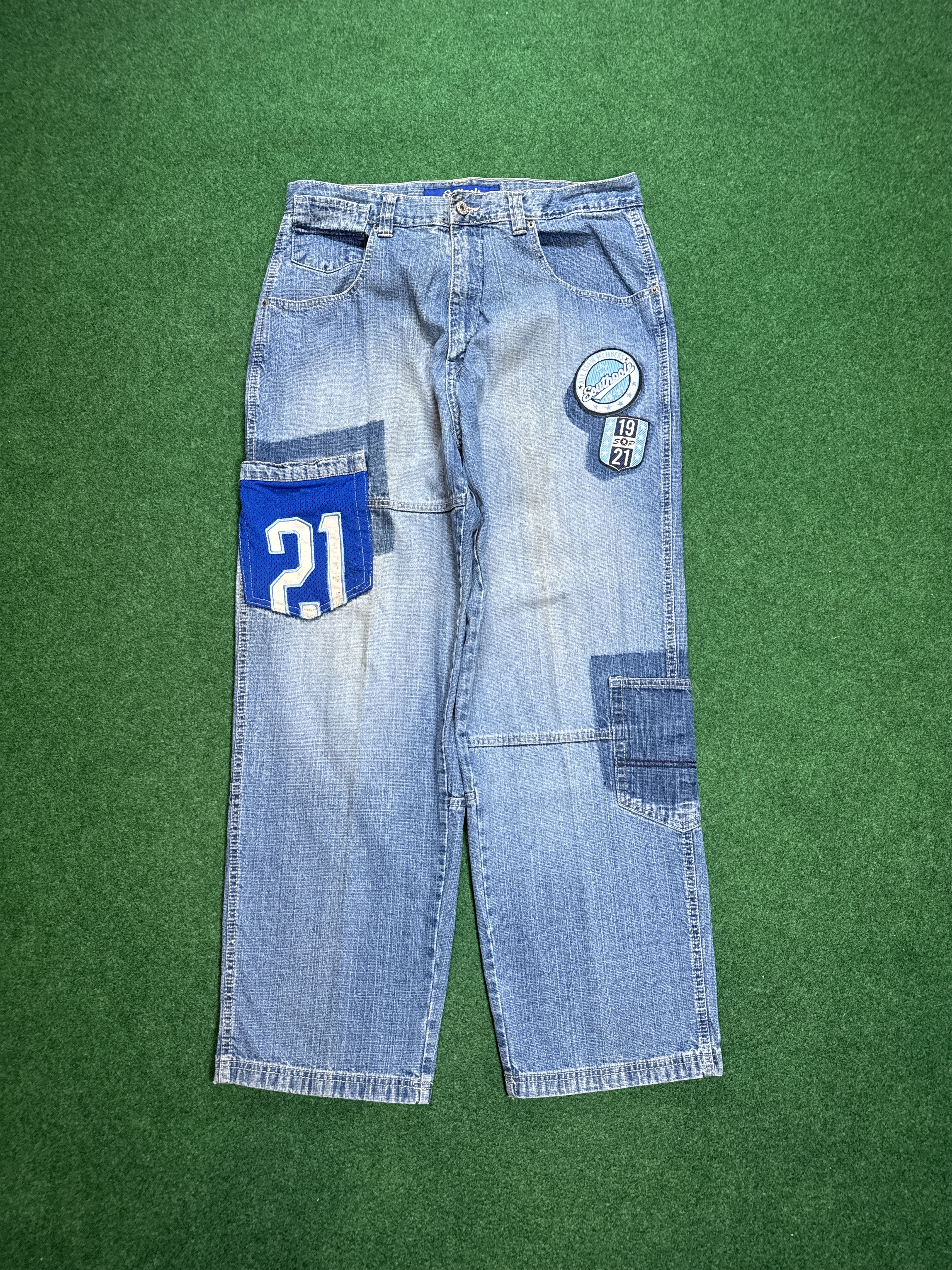 image of Y2K Southpole Baggy Embroidered Patched Jeans in Blue, Men's (Size 36)