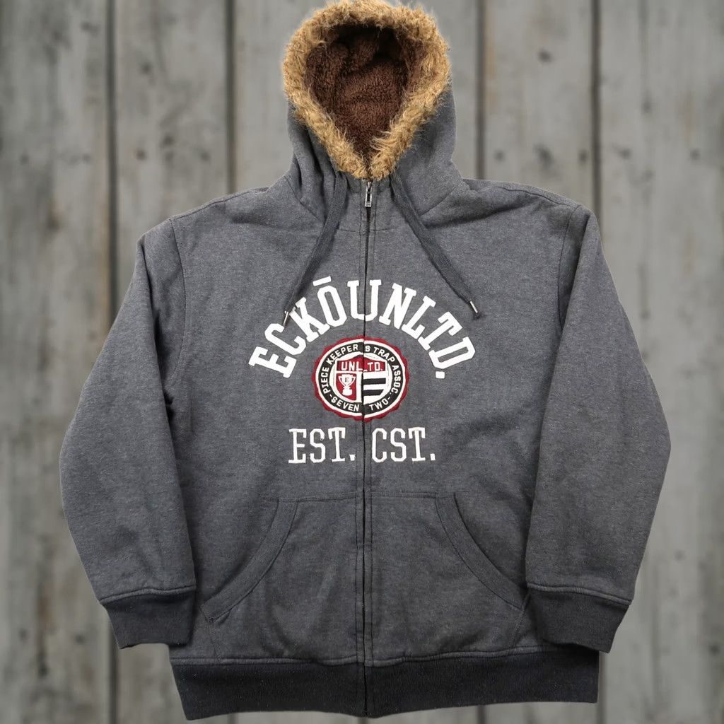 Logo 7 VINTAGE ecko Hoodie Main Logo Crest Embroidered Gray Zip Fur Fleece 90s Hip Hop Size XL Mens Size US XL / EU 56 / 4 - 1 Thumbnail