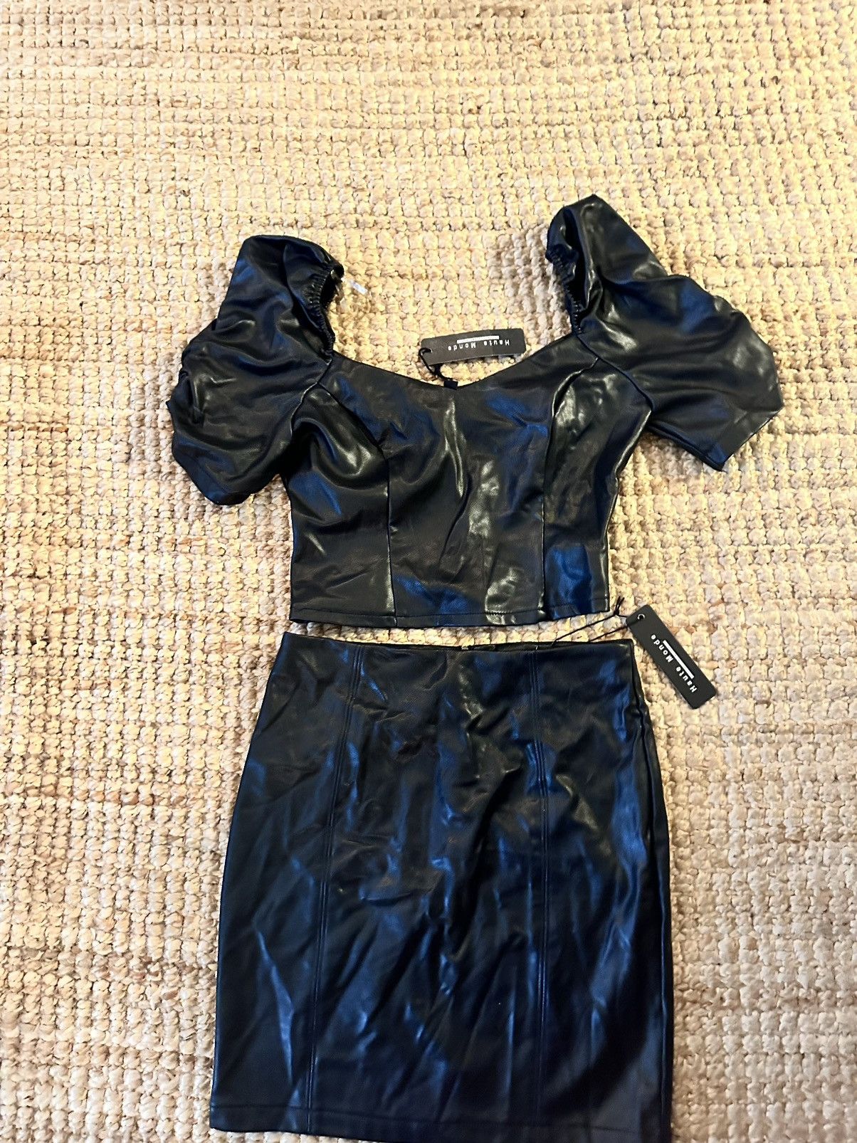 Other HAUTE MONDE BLACK FAUX LEATHER PUFF SLEEVE TOP & MINI SKIRT Size 27" / US 4 / IT 40 - 2 Thumbnail