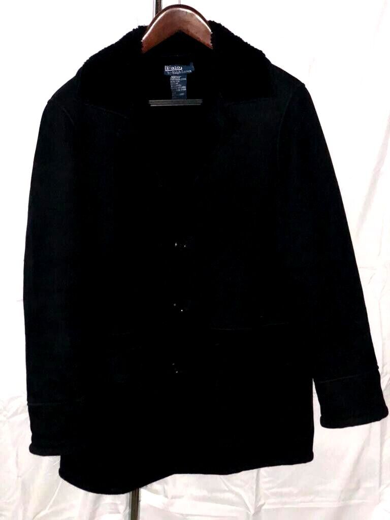 Image of Polo Ralph Lauren Polo By Ralph Laurent Shearling Sheepskin Overcoat Jacket in Black (Size XL)