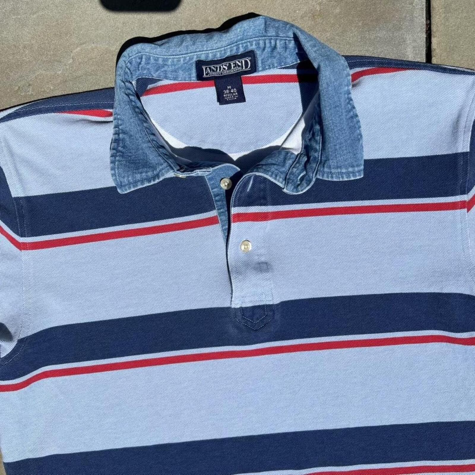 Lands' End Neo-Vintage Y2K Denim Collar Blue Striped Polo Size US M / EU 48-50 / 2 - 2 Thumbnail