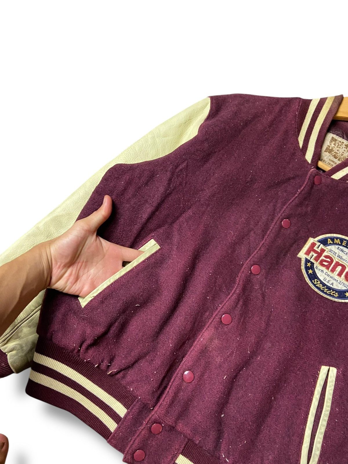 Hanes Hanes American Spirit Leather Sleeve Varsity Jacket (147) Size US S / EU 44-46 / 1 - 4 Thumbnail