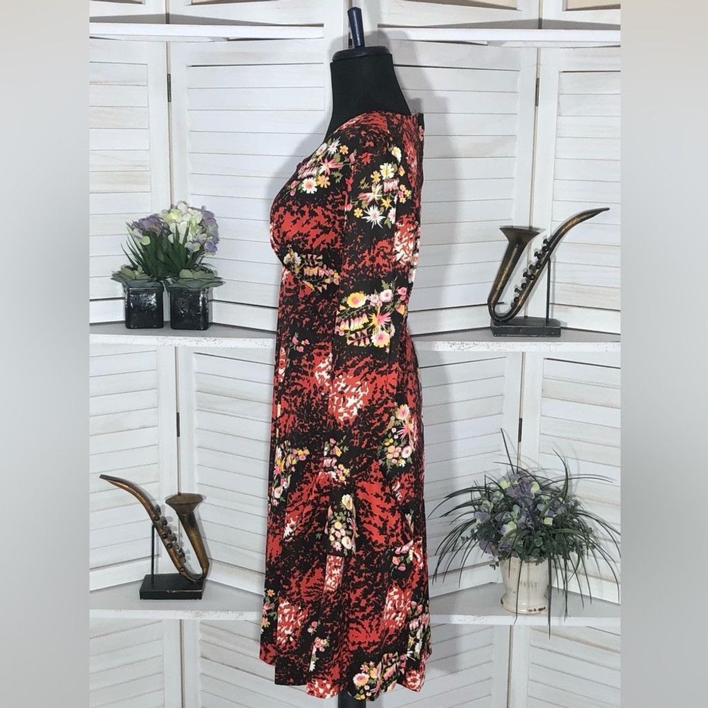 Vintage 70s boho mod floral red black midi dress trumpet sleeves L Size M / US 6-8 / IT 42-44 - 4 Thumbnail