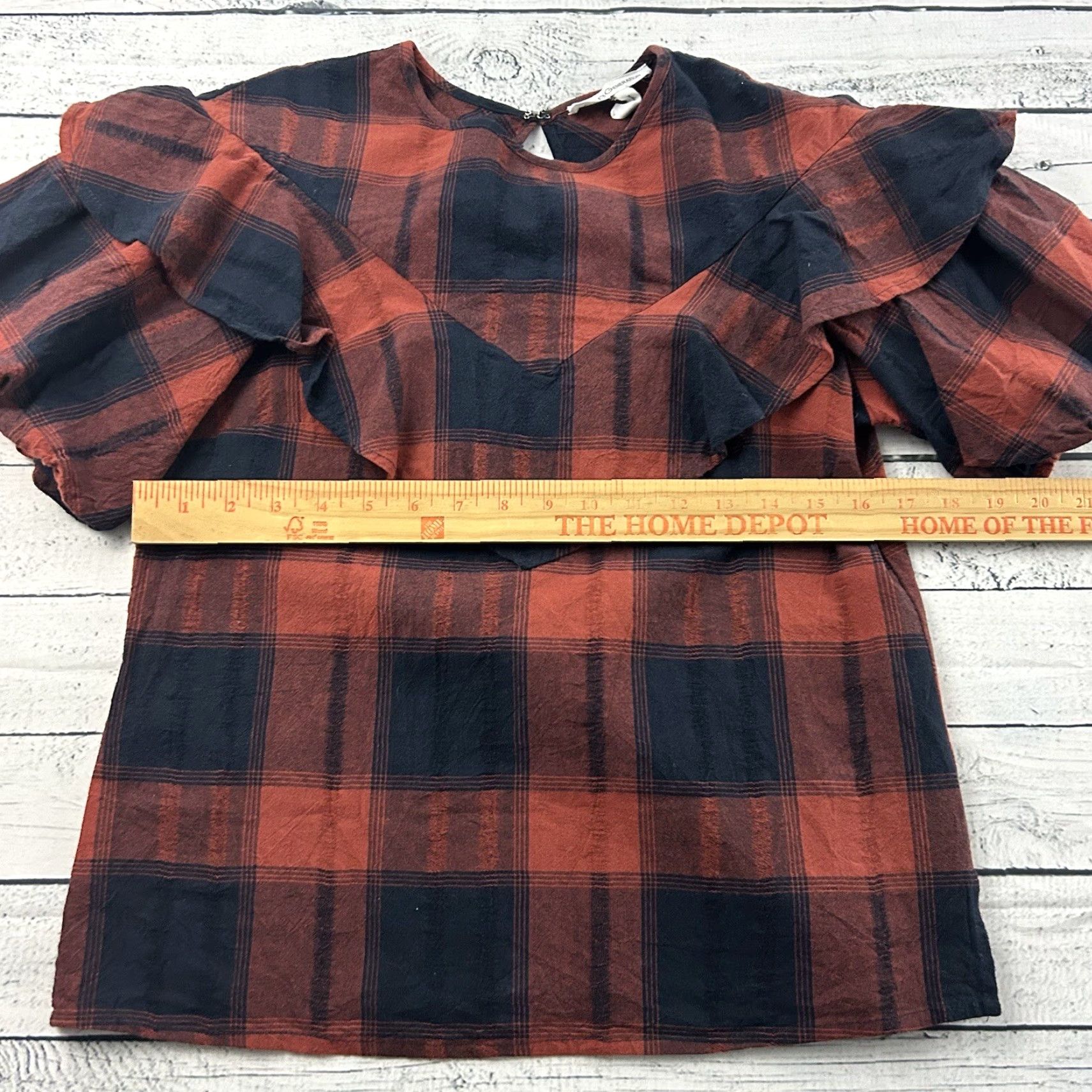 Bcbgmaxazria BCBG Plaid Ruffle Short Sleeve Shirt Women's XS Red Dark Blue Size XS / US 0-2 / IT 36-38 - 4 Thumbnail